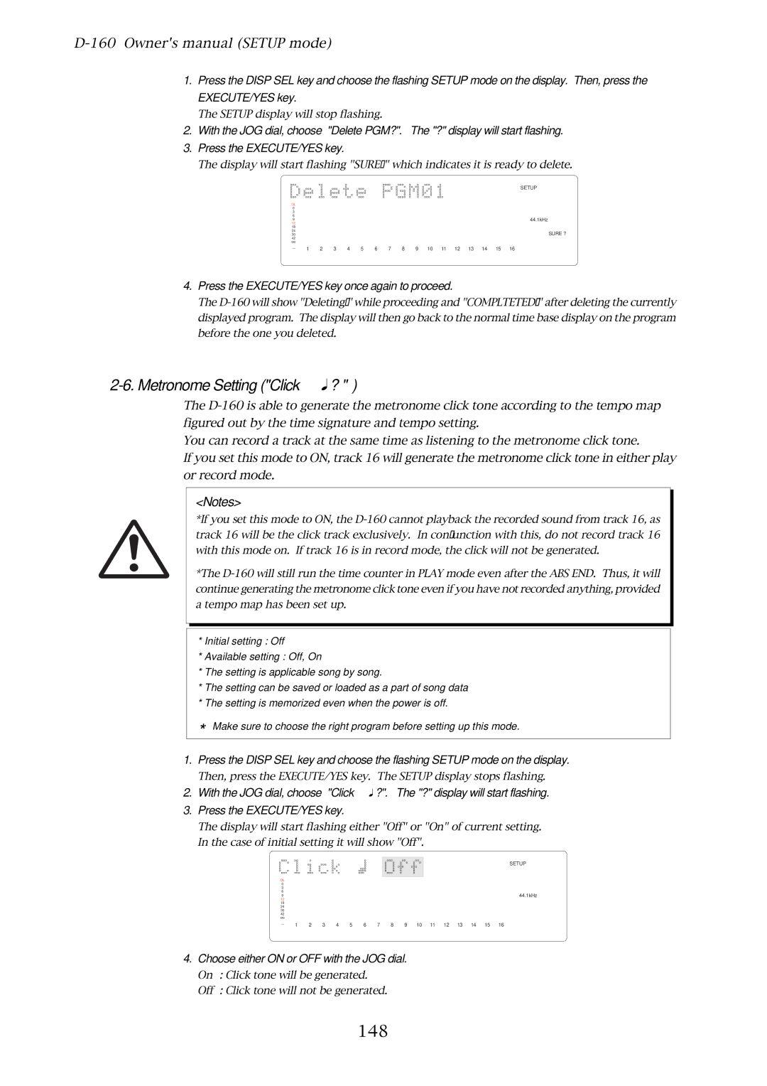 Fostex D-160 owner manual Metronome Setting Click ?, 148, Choose either on or OFF with the JOG dial 