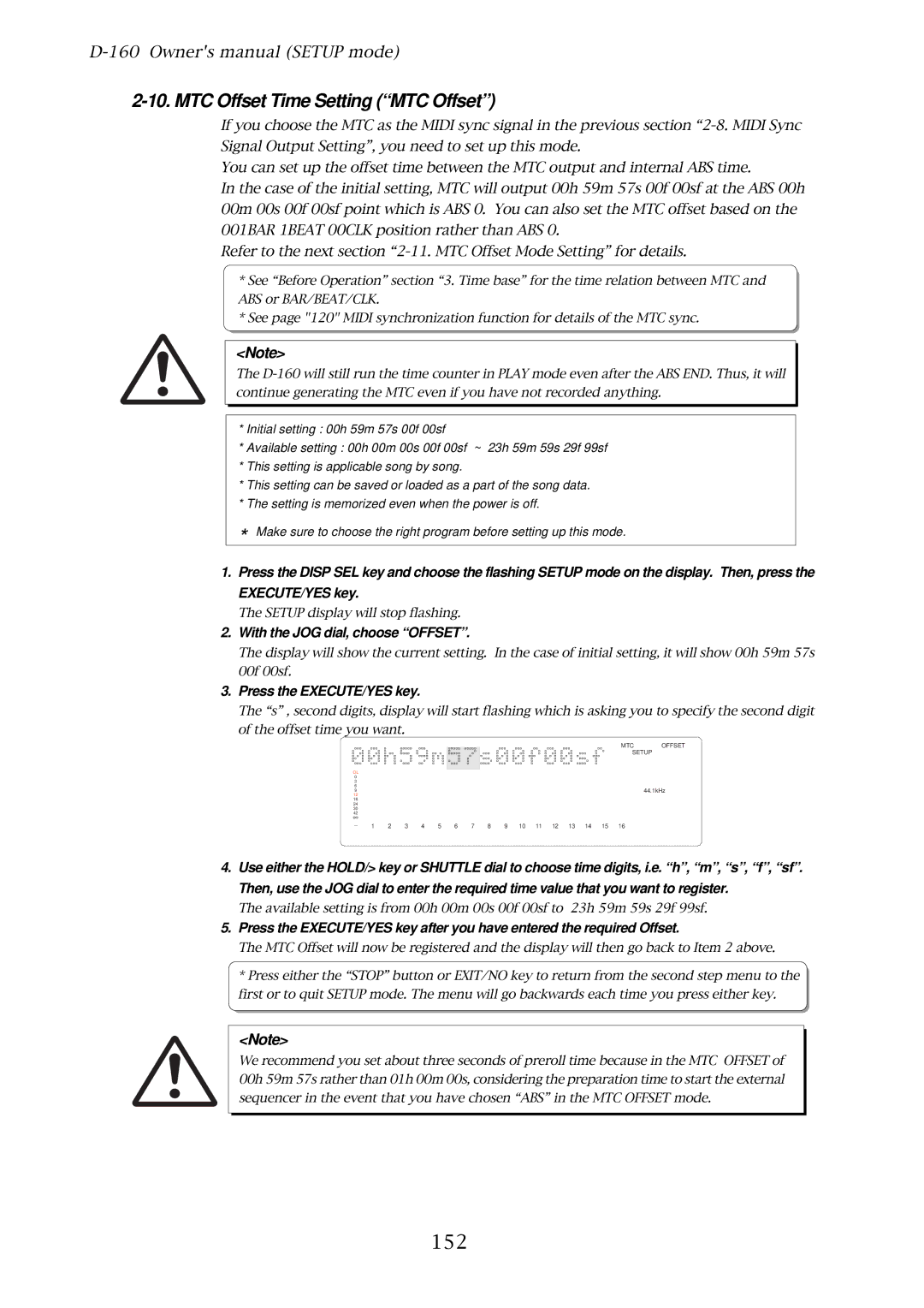 Fostex D-160 owner manual MTC Offset Time Setting MTC Offset, 152, With the JOG dial, choose Offset 