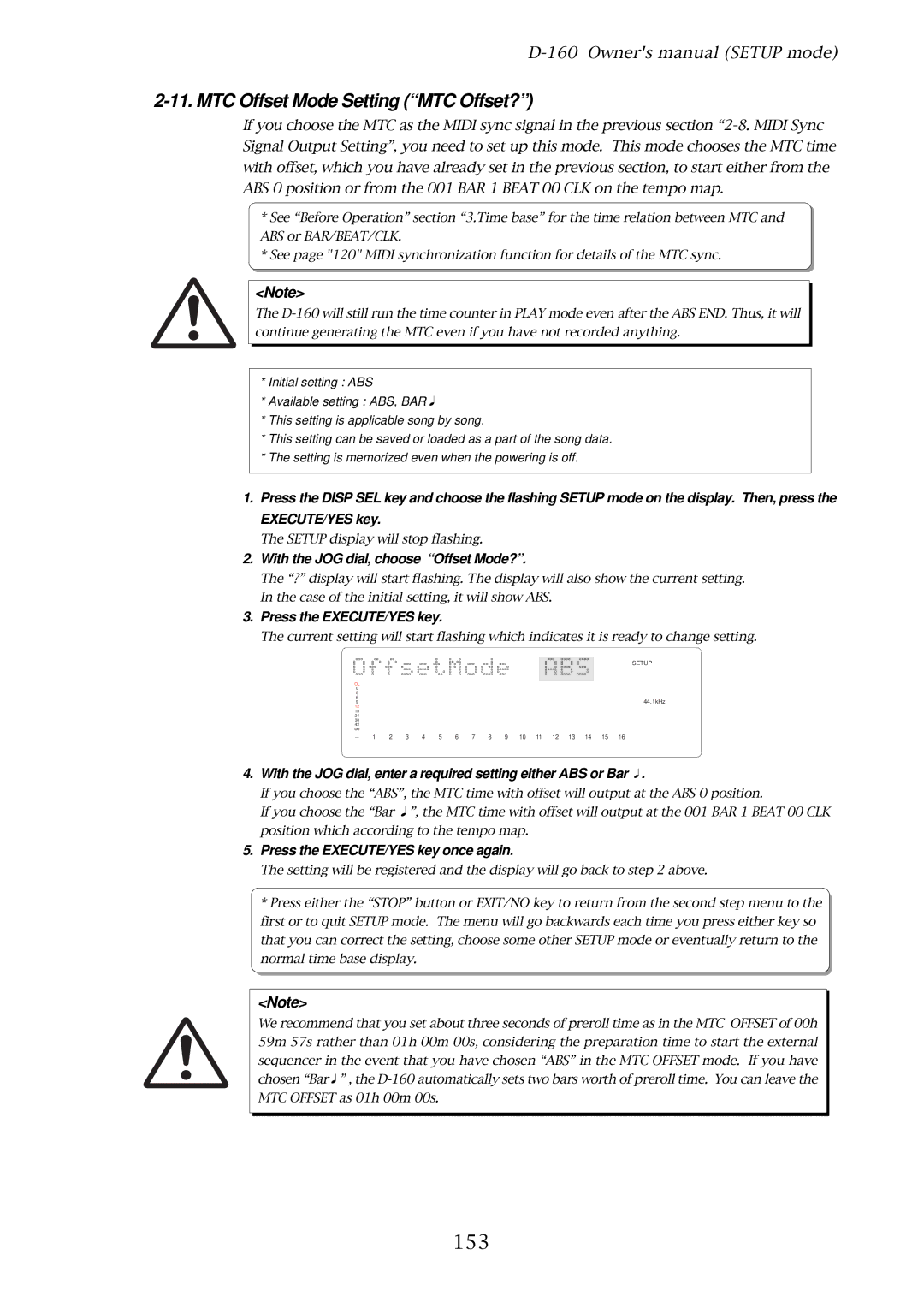 Fostex D-160 owner manual MTC Offset Mode Setting MTC Offset?, 153, With the JOG dial, choose Offset Mode? 