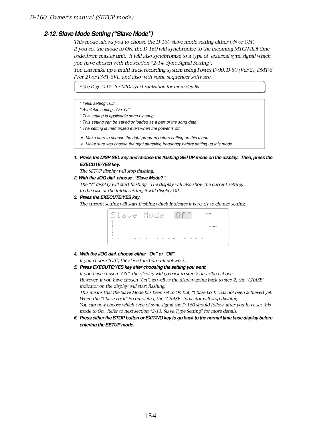 Fostex D-160 owner manual Slave Mode Setting Slave Mode, 154, With the JOG dial, choose Slave Mode? 