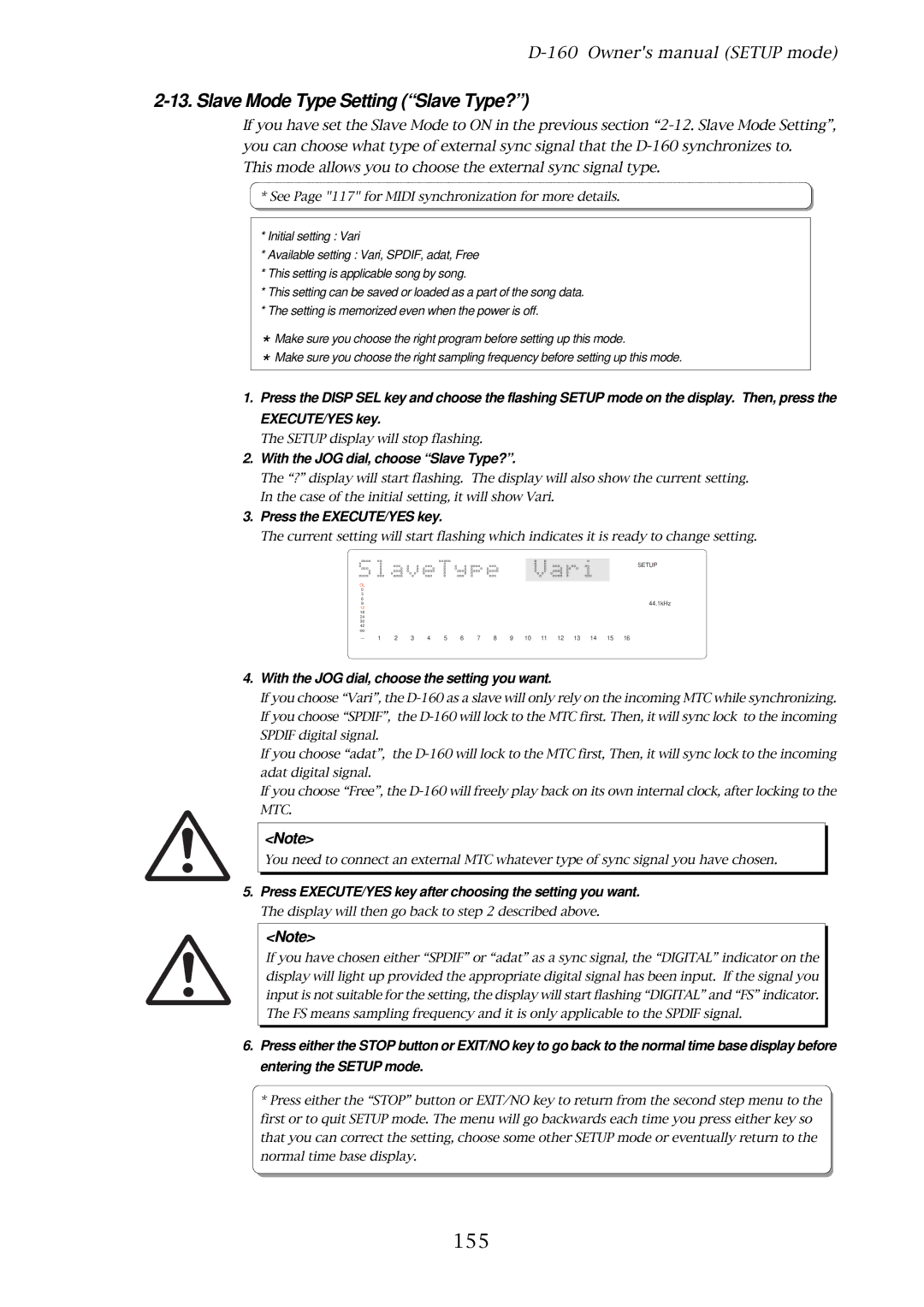 Fostex D-160 owner manual Slave Mode Type Setting Slave Type?, 155, With the JOG dial, choose Slave Type? 