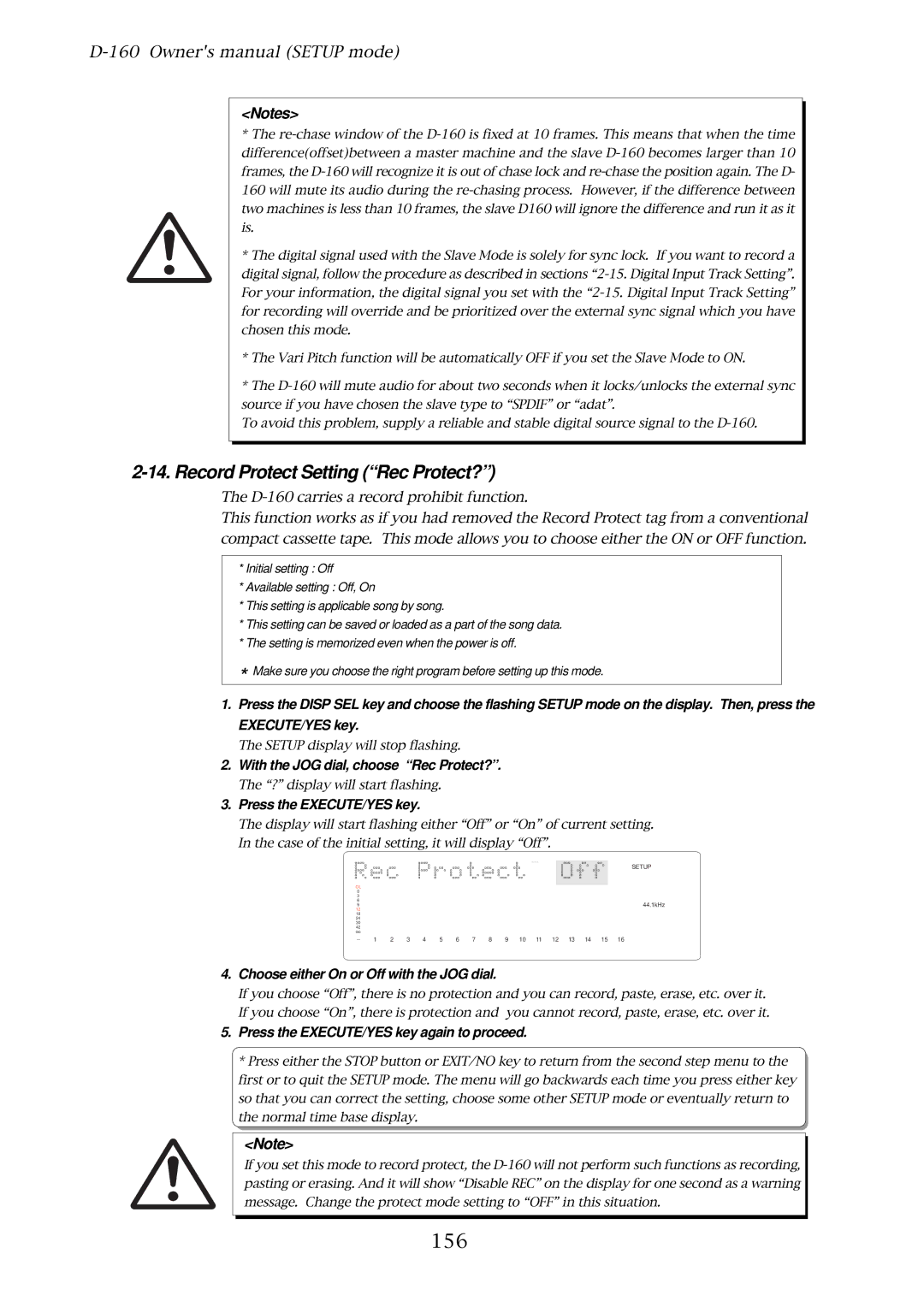 Fostex D-160 owner manual Record Protect Setting Rec Protect?, 156, With the JOG dial, choose Rec Protect? 