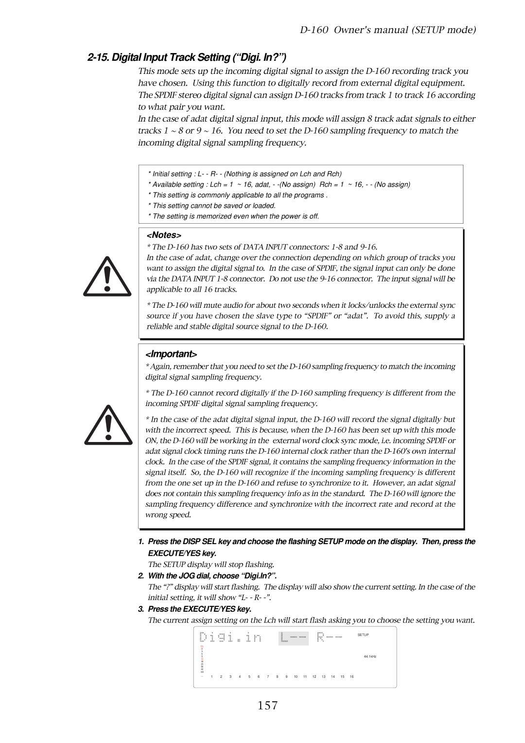 Fostex D-160 owner manual Digital Input Track Setting Digi. In?, 157, With the JOG dial, choose Digi.In? 