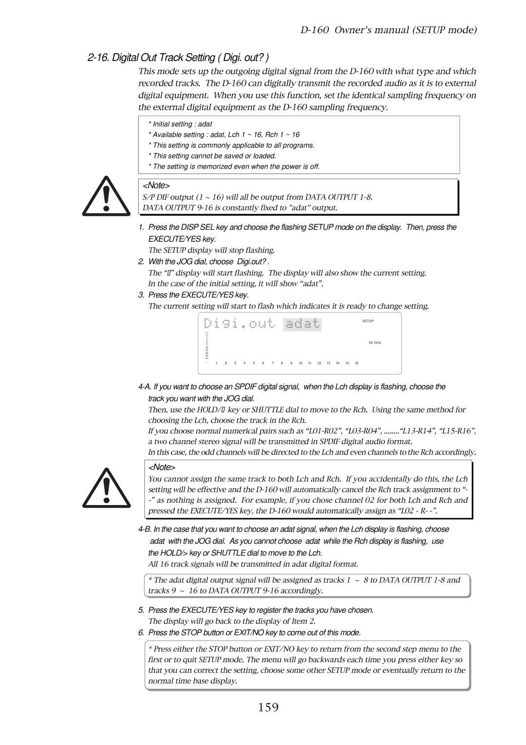 Fostex D-160 owner manual Digital Out Track Setting Digi. out?, 159, With the JOG dial, choose Digi.out? 