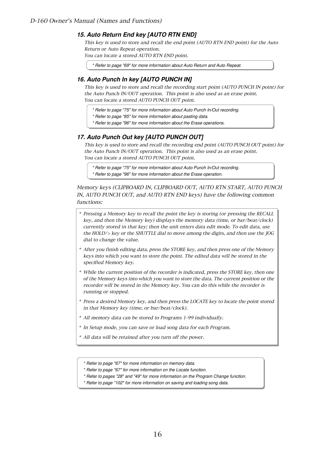 Fostex D-160 owner manual Auto Return End key Auto RTN END, Auto Punch In key Auto Punch, Auto Punch Out key Auto Punch OUT 