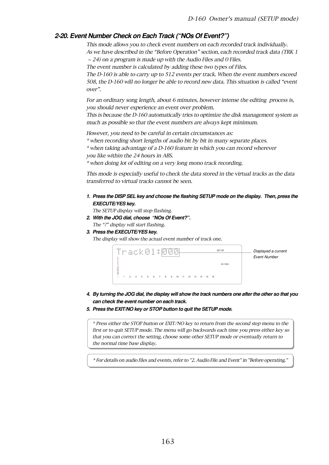 Fostex D-160 owner manual Event Number Check on Each Track NOs Of Event?, 163, With the JOG dial, choose NOs Of Event? 