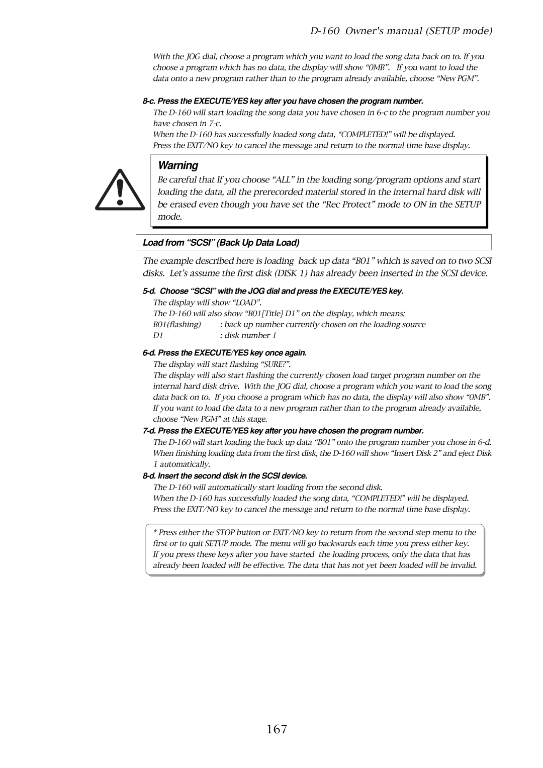 Fostex D-160 owner manual 167, Load from Scsi Back Up Data Load, Insert the second disk in the Scsi device 