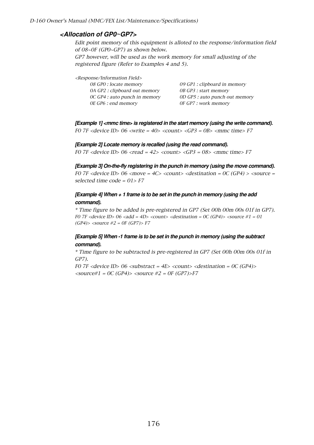 Fostex D-160 owner manual Allocation of GP0~GP7, 176, Example 2 Locate memory is recalled using the read command 