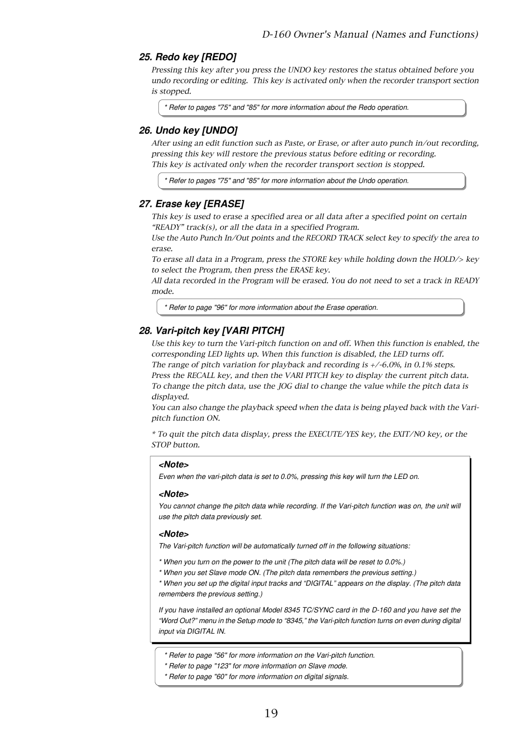 Fostex D-160 owner manual Redo key Redo, Undo key Undo, Erase key Erase, Vari-pitch key Vari Pitch 