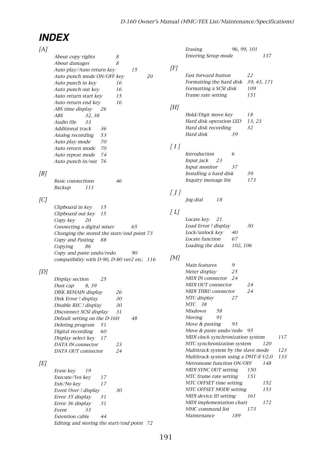 Fostex D-160 owner manual Index, 191 