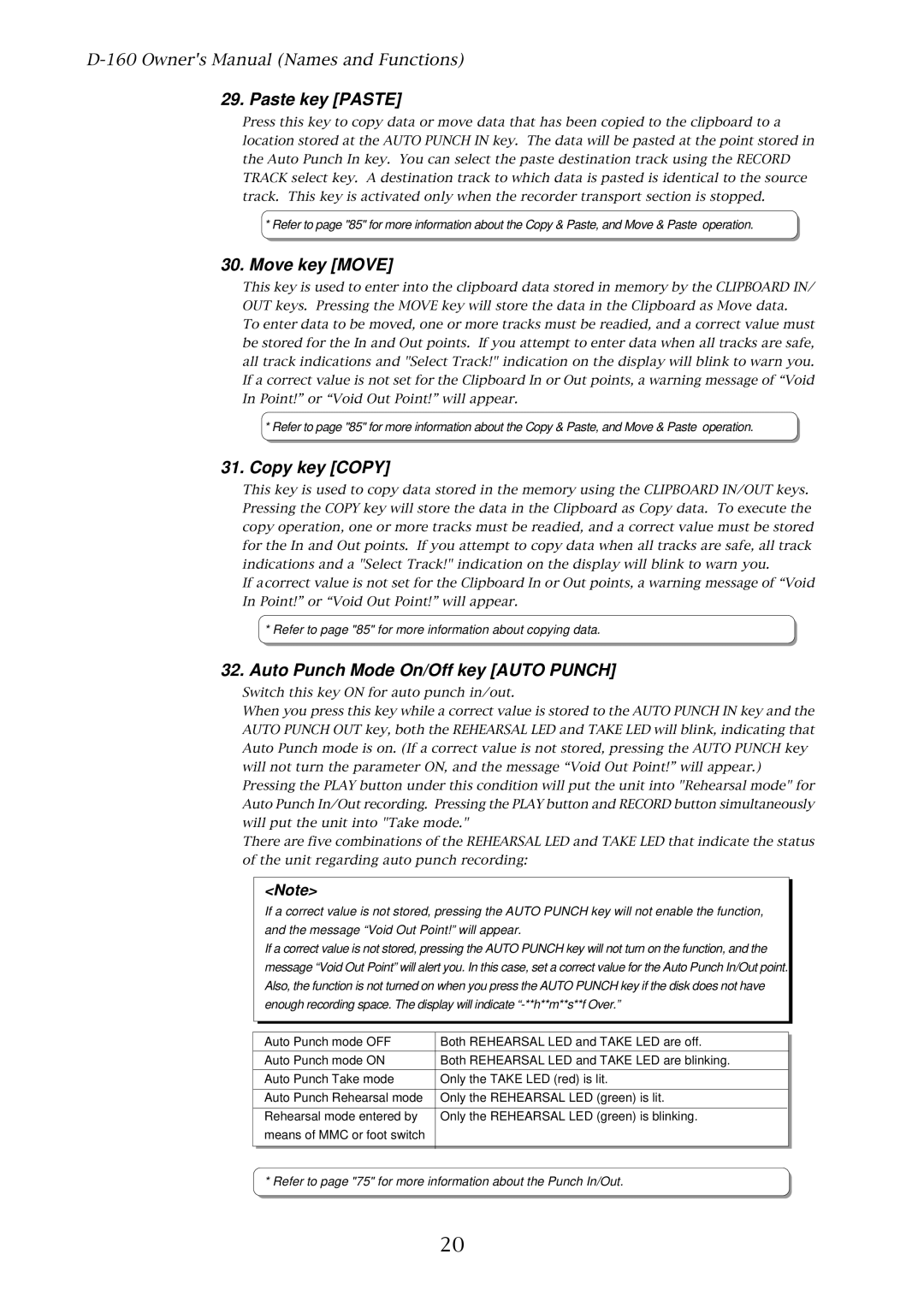 Fostex D-160 owner manual Paste key Paste, Move key Move, Copy key Copy, Auto Punch Mode On/Off key Auto Punch 