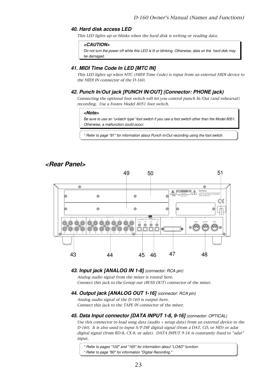 Fostex D-160 owner manual Rear Panel 