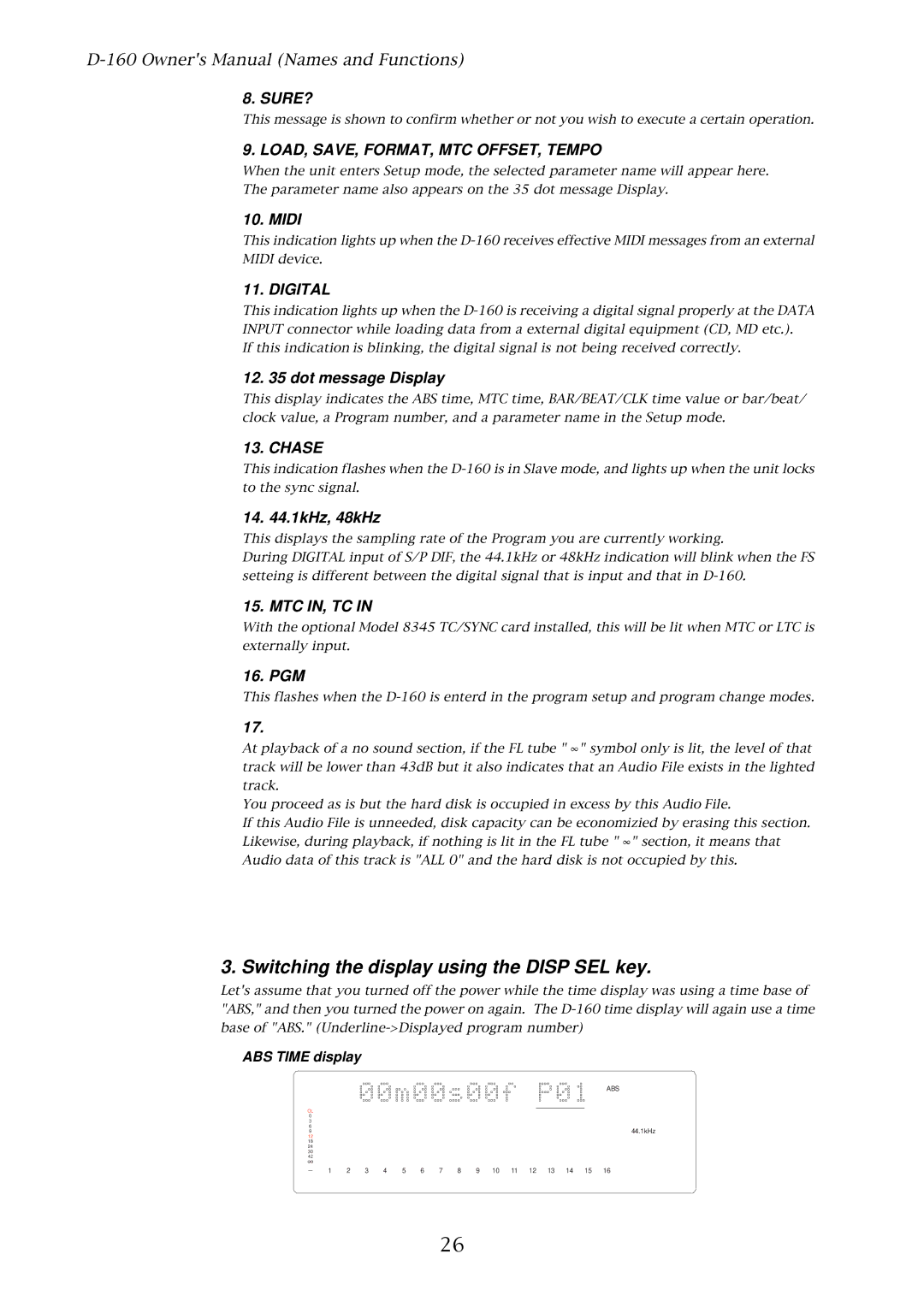 Fostex D-160 owner manual Switching the display using the Disp SEL key 