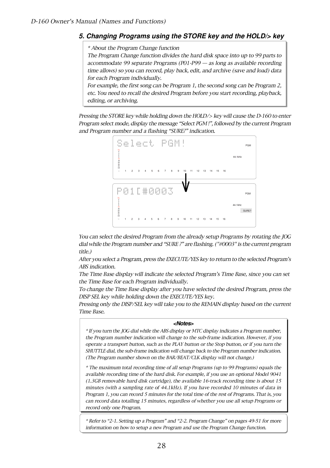 Fostex D-160 owner manual Changing Programs using the Store key and the HOLD/ key 