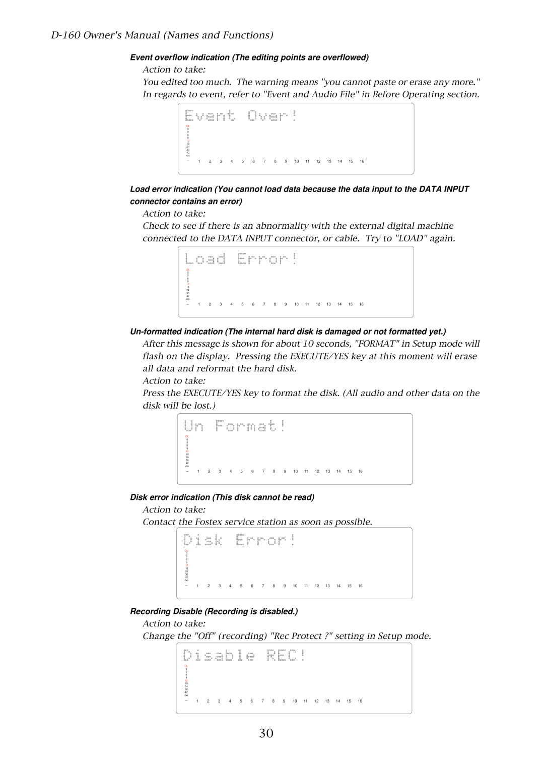 Fostex D-160 Event overflow indication The editing points are overflowed, Disk error indication This disk cannot be read 