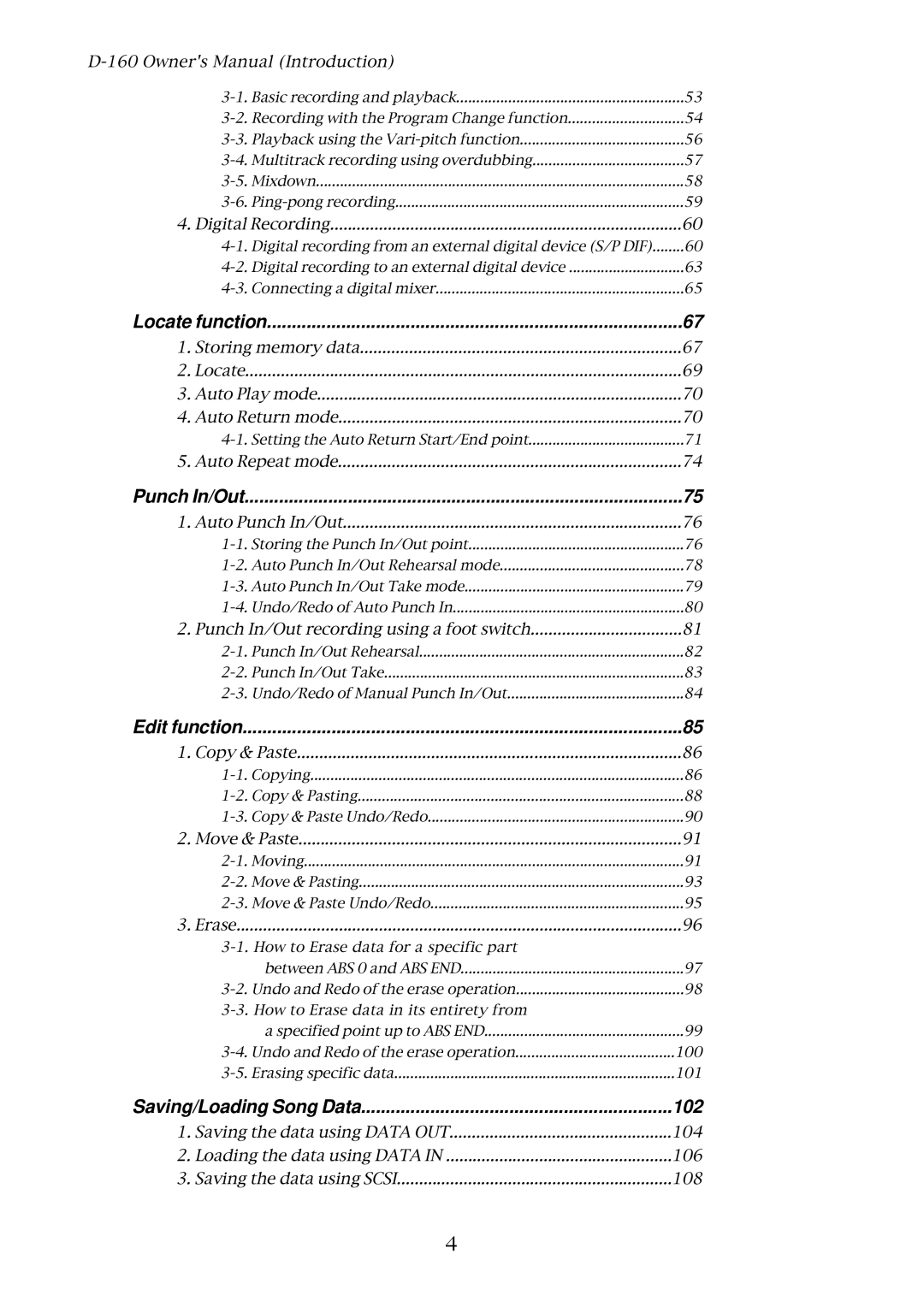 Fostex D-160 owner manual Locate function, Punch In/Out, Edit function, Saving/Loading Song Data 102 