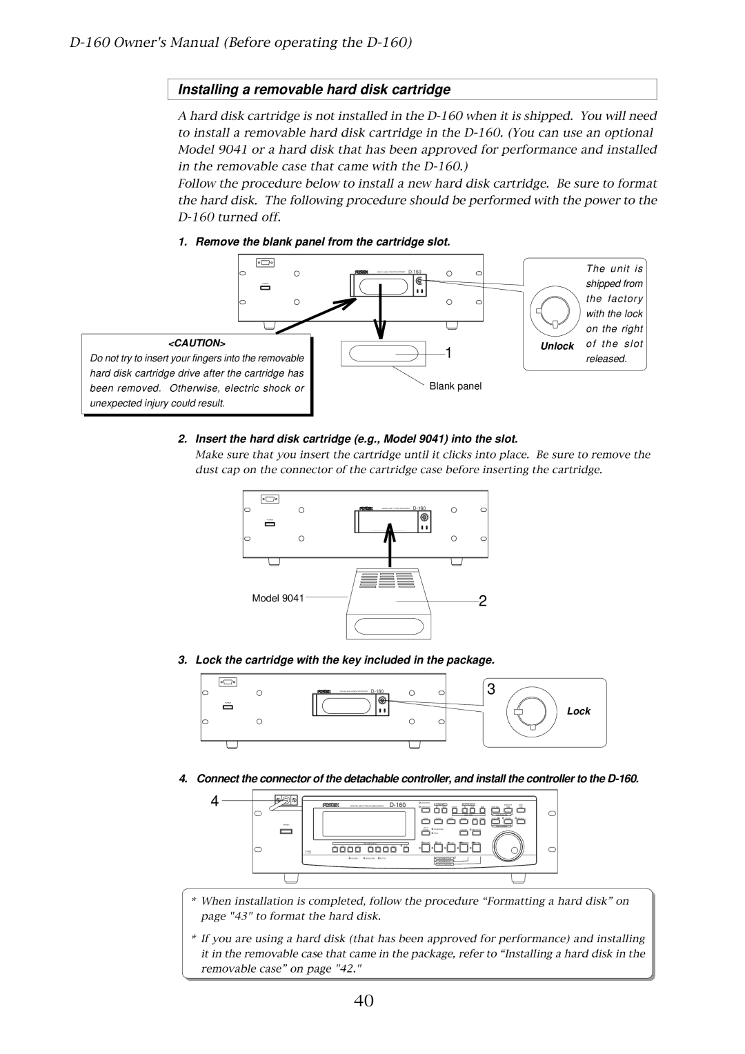 Fostex D-160 owner manual Installing a removable hard disk cartridge, Remove the blank panel from the cartridge slot 