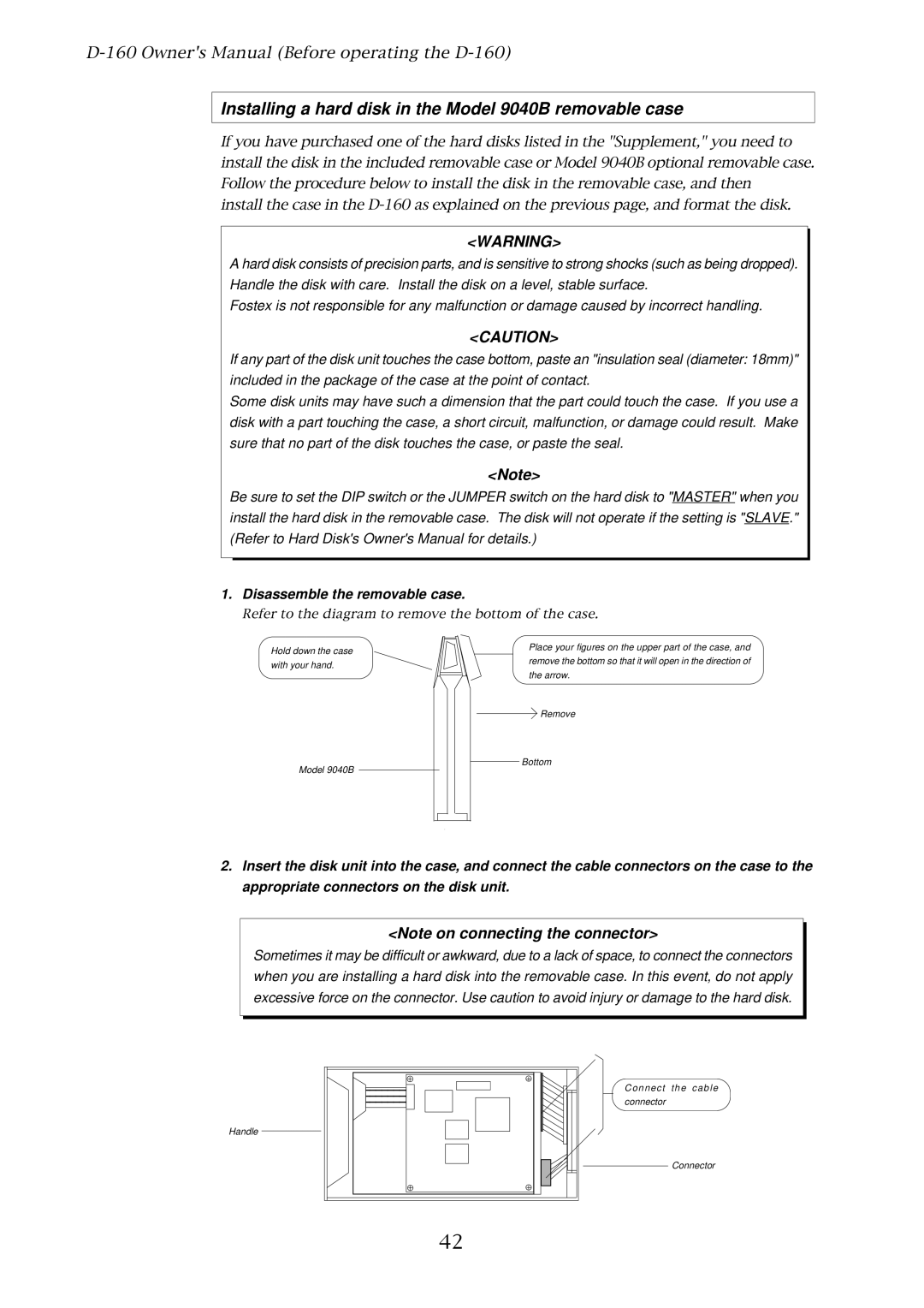 Fostex D-160 owner manual Installing a hard disk in the Model 9040B removable case, Disassemble the removable case 