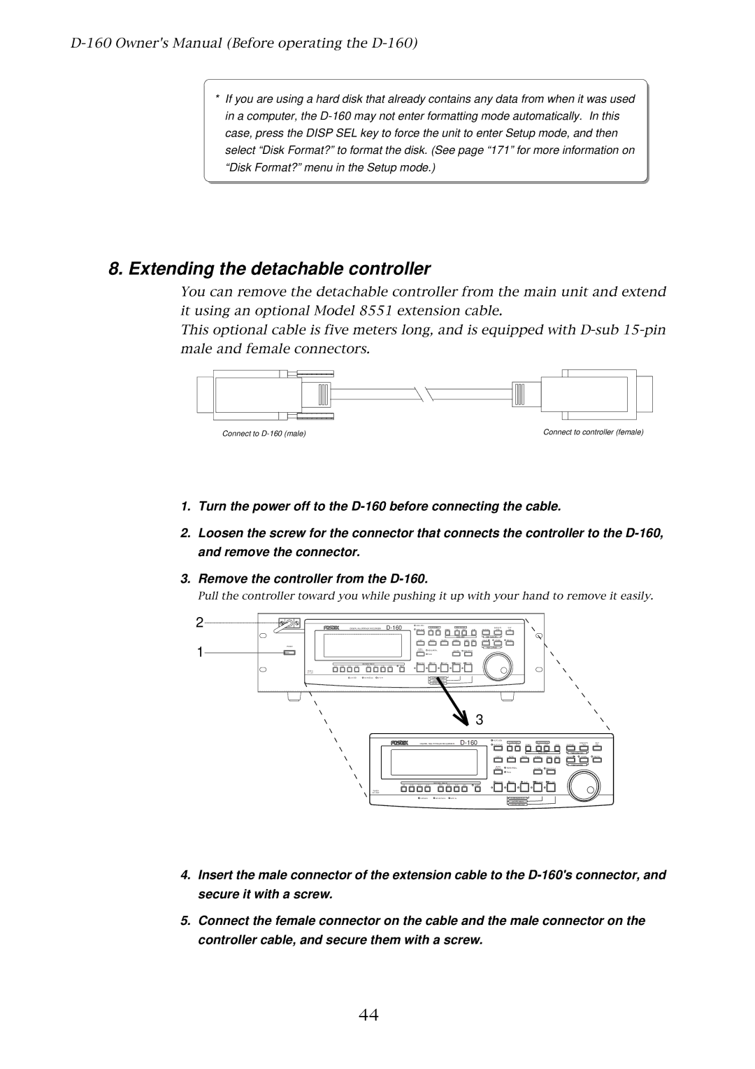 Fostex D-160 owner manual Extending the detachable controller, 2345678 