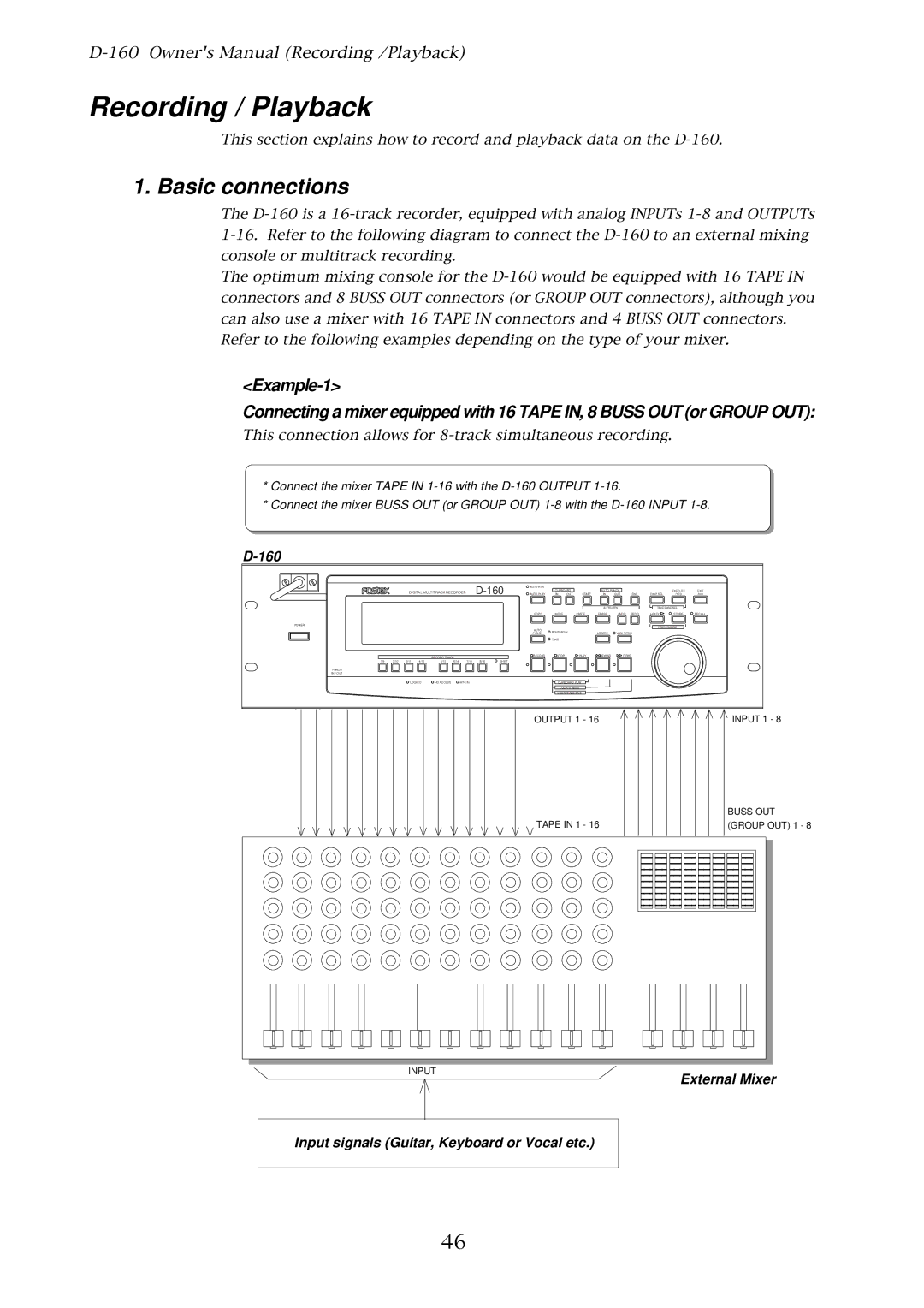 Fostex D-160 owner manual Recording / Playback, Basic connections, Input signals Guitar, Keyboard or Vocal etc 