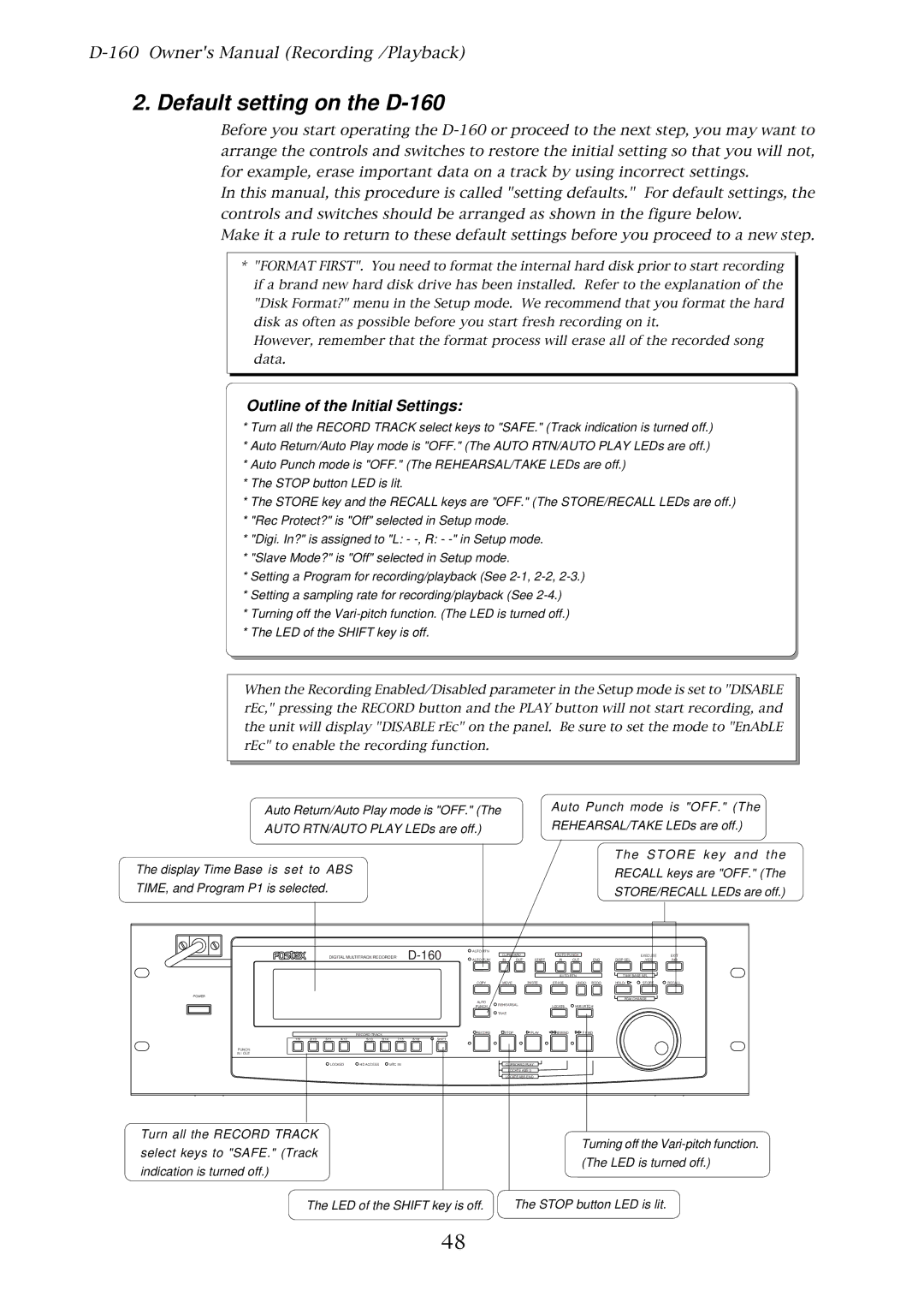 Fostex owner manual Default setting on the D-160, Outline of the Initial Settings 