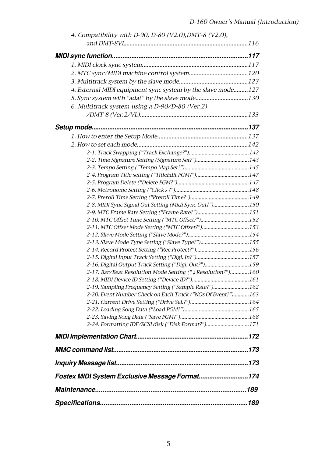 Fostex D-160 owner manual Midi sync function 117, Setup mode 137, 174, Maintenance 189 Specifications 