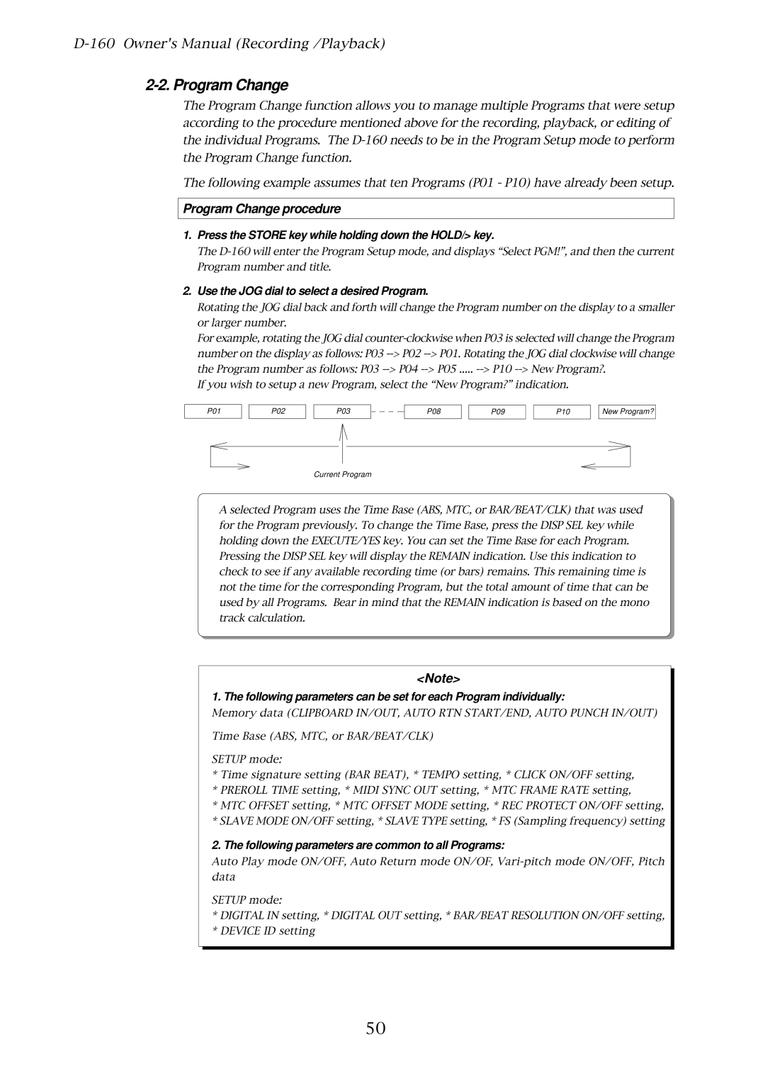 Fostex D-160 owner manual Program Change procedure, Use the JOG dial to select a desired Program 