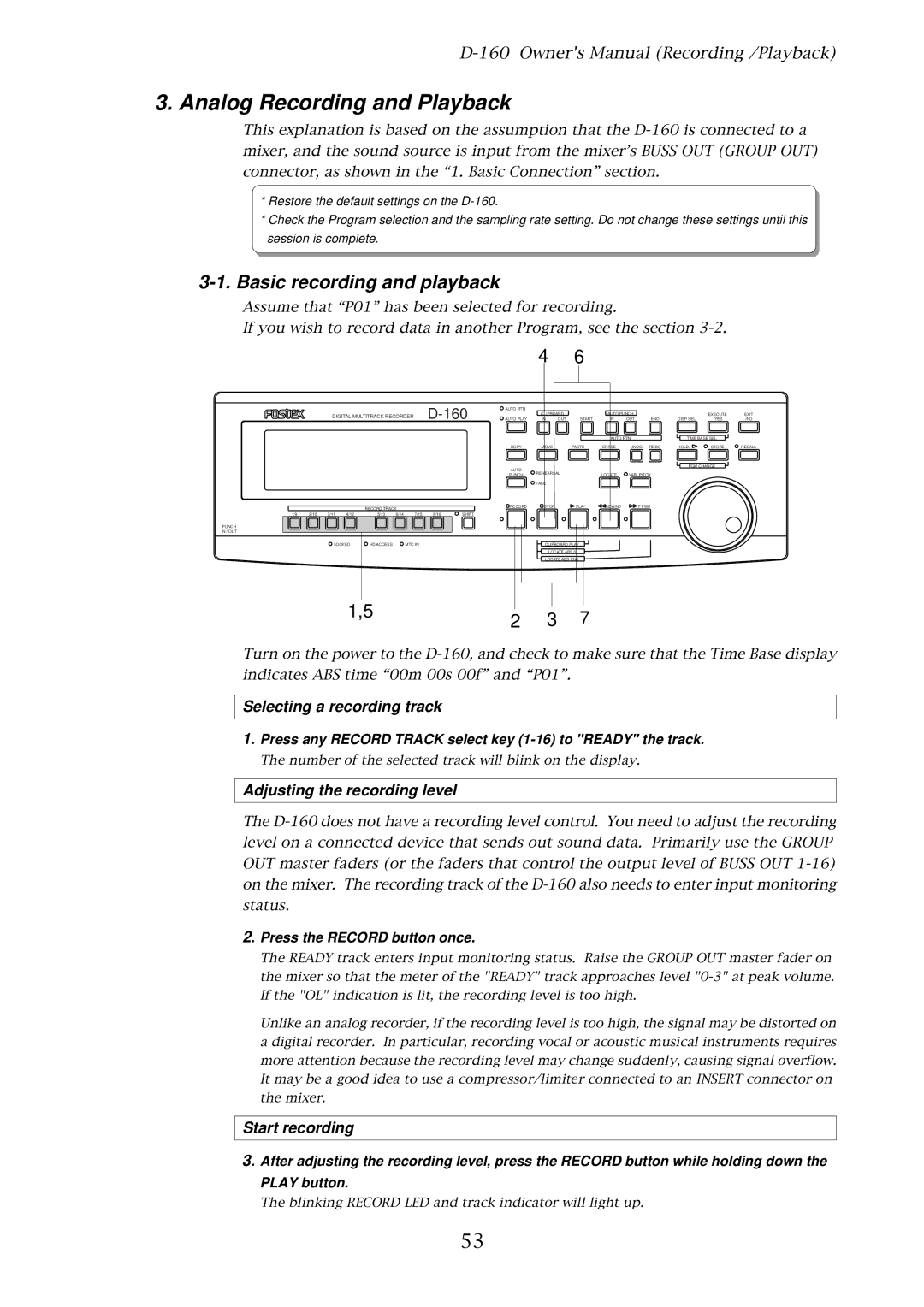 Fostex D-160 Analog Recording and Playback, Basic recording and playback, Selecting a recording track, Start recording 