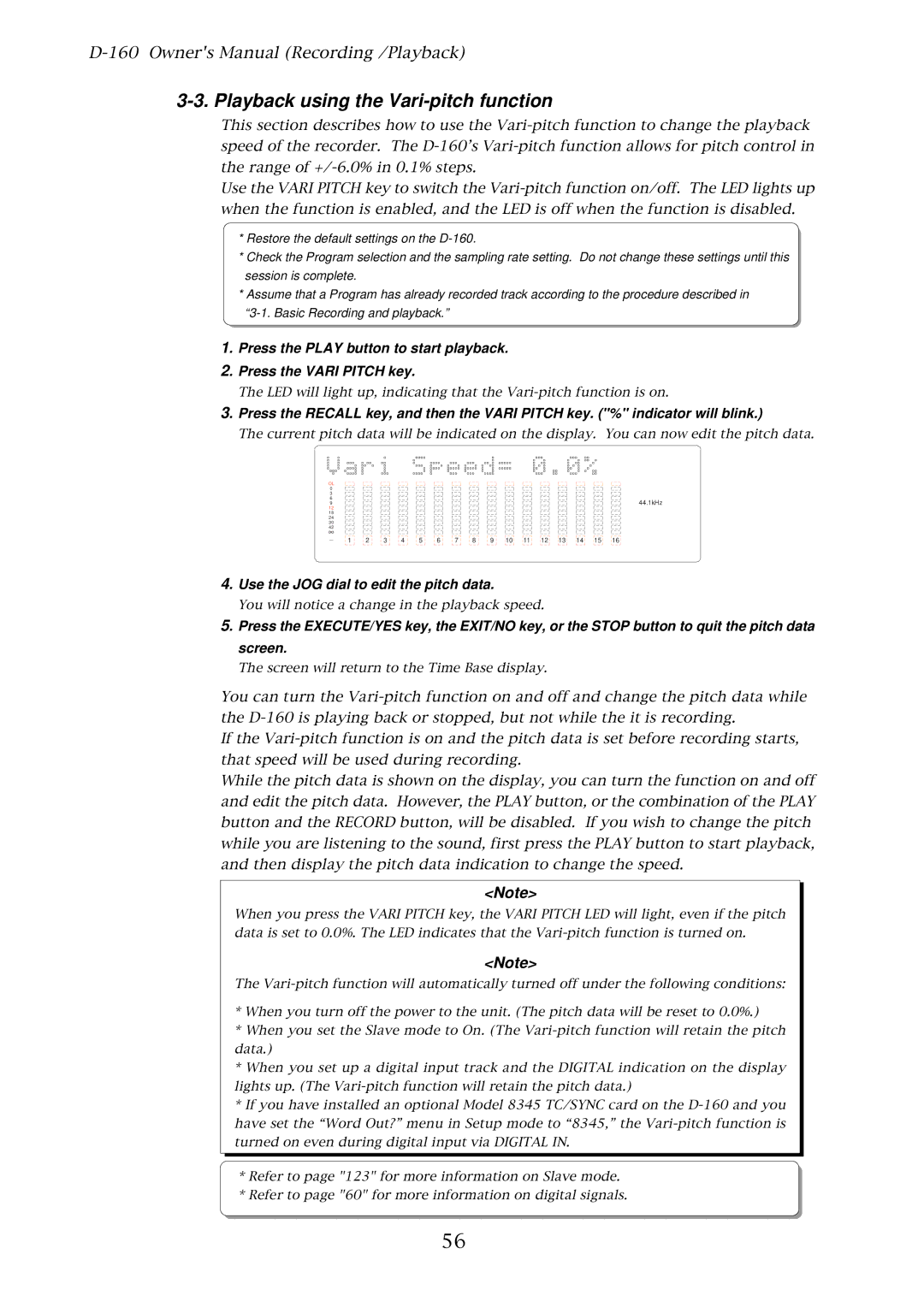 Fostex D-160 owner manual Playback using the Vari-pitch function, Use the JOG dial to edit the pitch data 