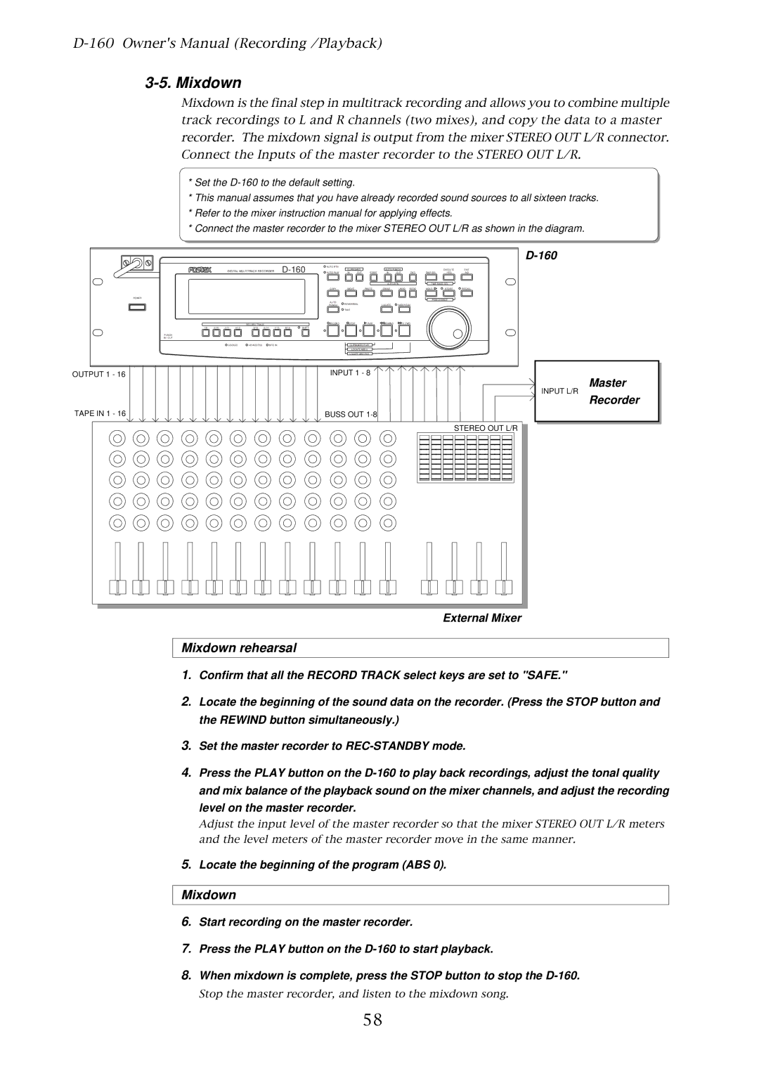 Fostex D-160 owner manual Mixdown rehearsal 