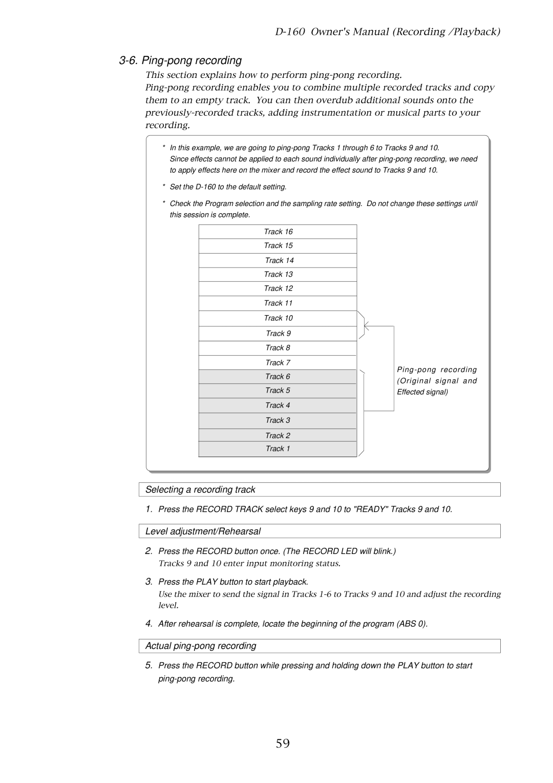 Fostex D-160 owner manual Ping-pong recording, Level adjustment/Rehearsal, Actual ping-pong recording 