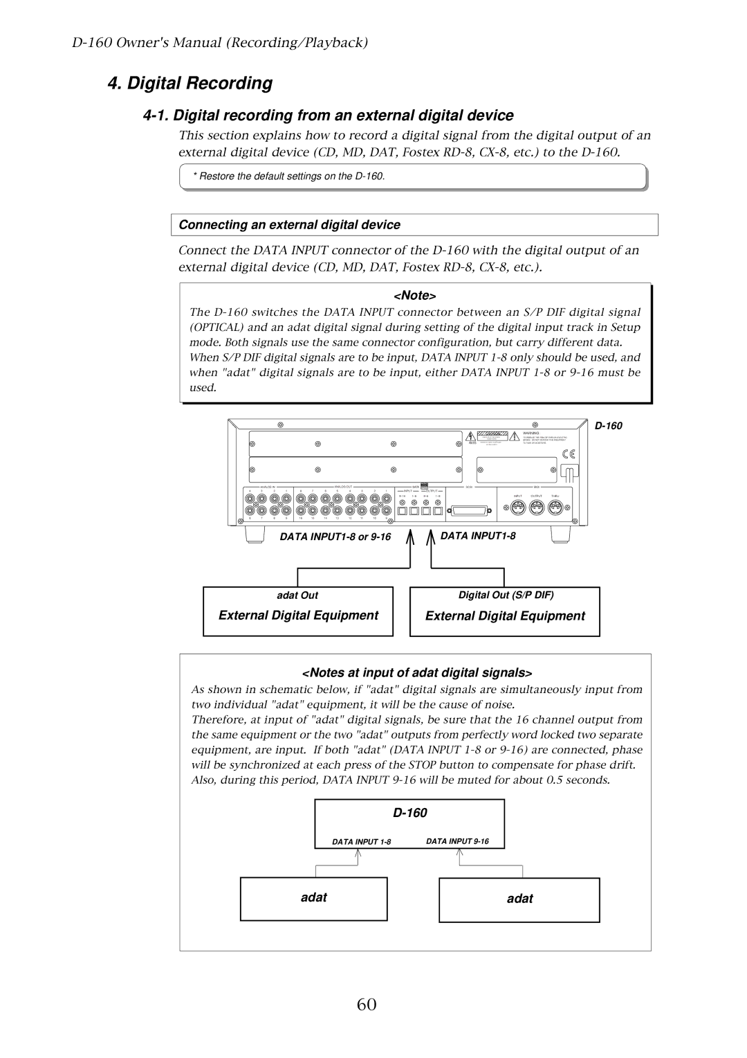 Fostex D-160 owner manual Digital Recording, Digital recording from an external digital device 