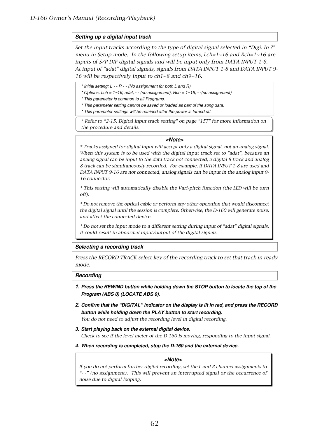 Fostex D-160 owner manual Setting up a digital input track, Recording, Start playing back on the external digital device 