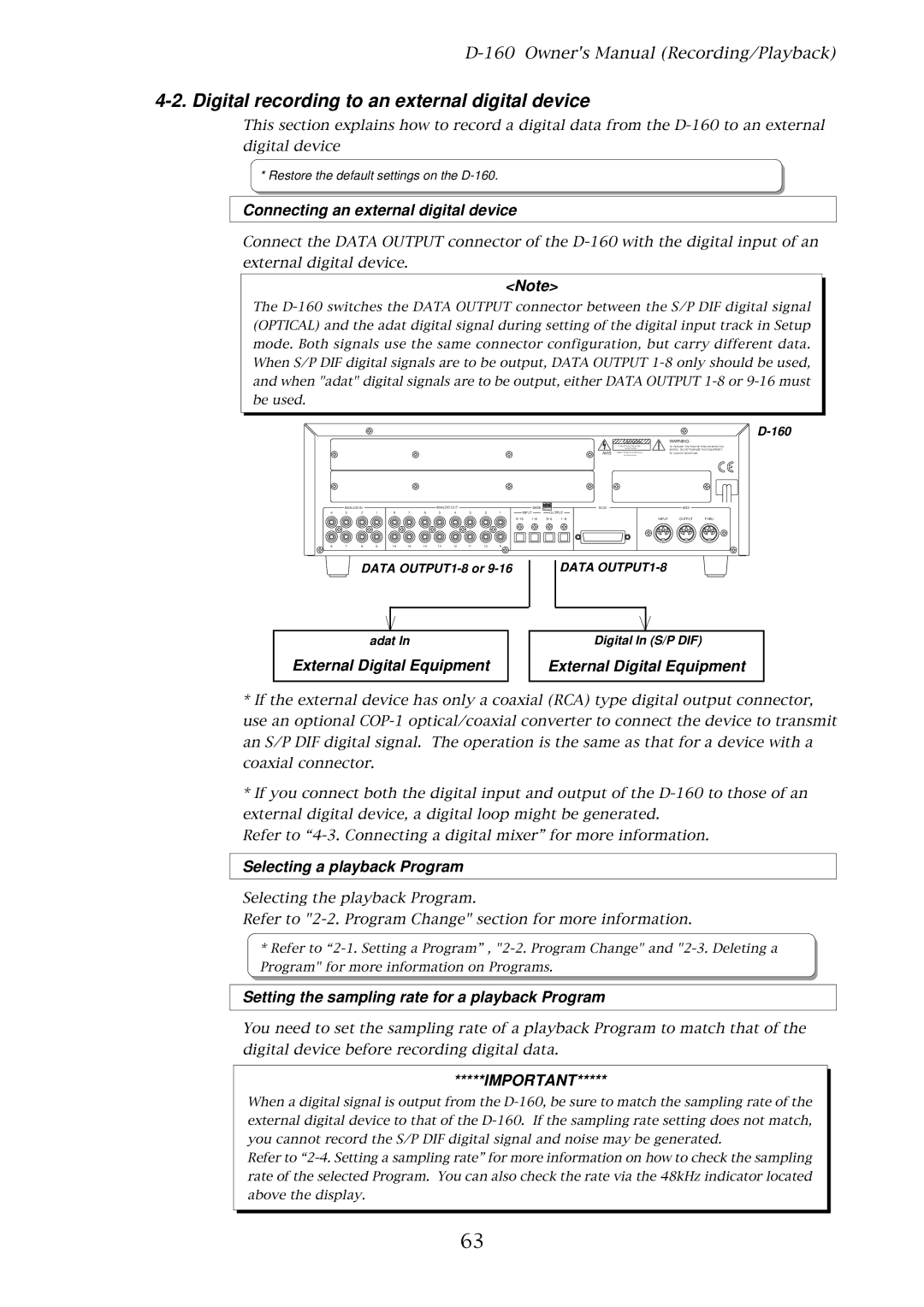 Fostex D-160 owner manual Digital recording to an external digital device, Selecting a playback Program 