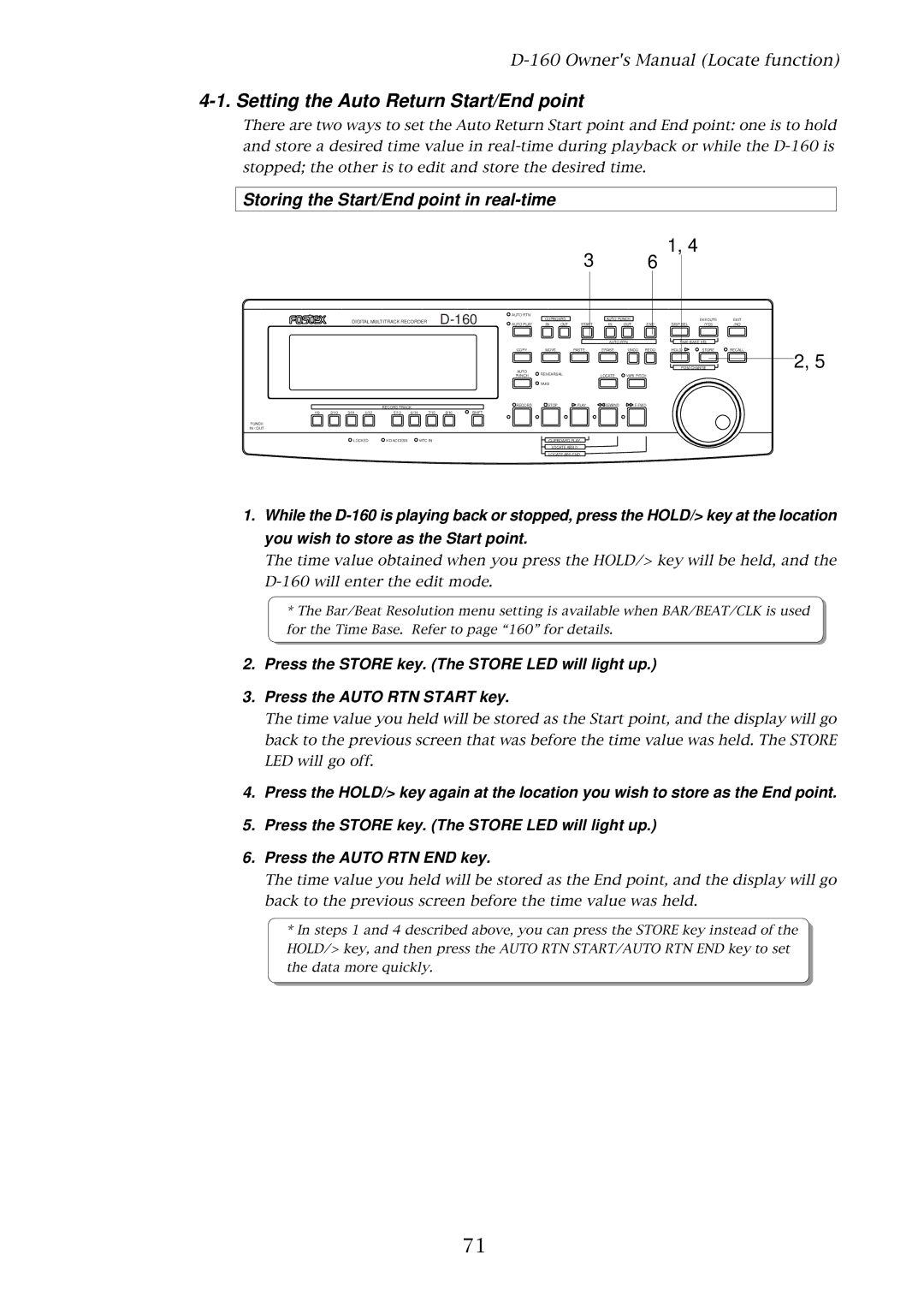 Fostex D-160 owner manual Setting the Auto Return Start/End point, Storing the Start/End point in real-time 