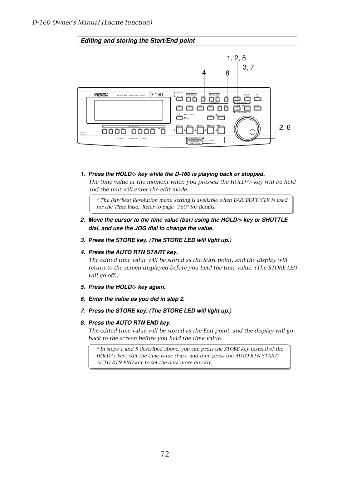 Fostex D-160 owner manual Editing and storing the Start/End point 