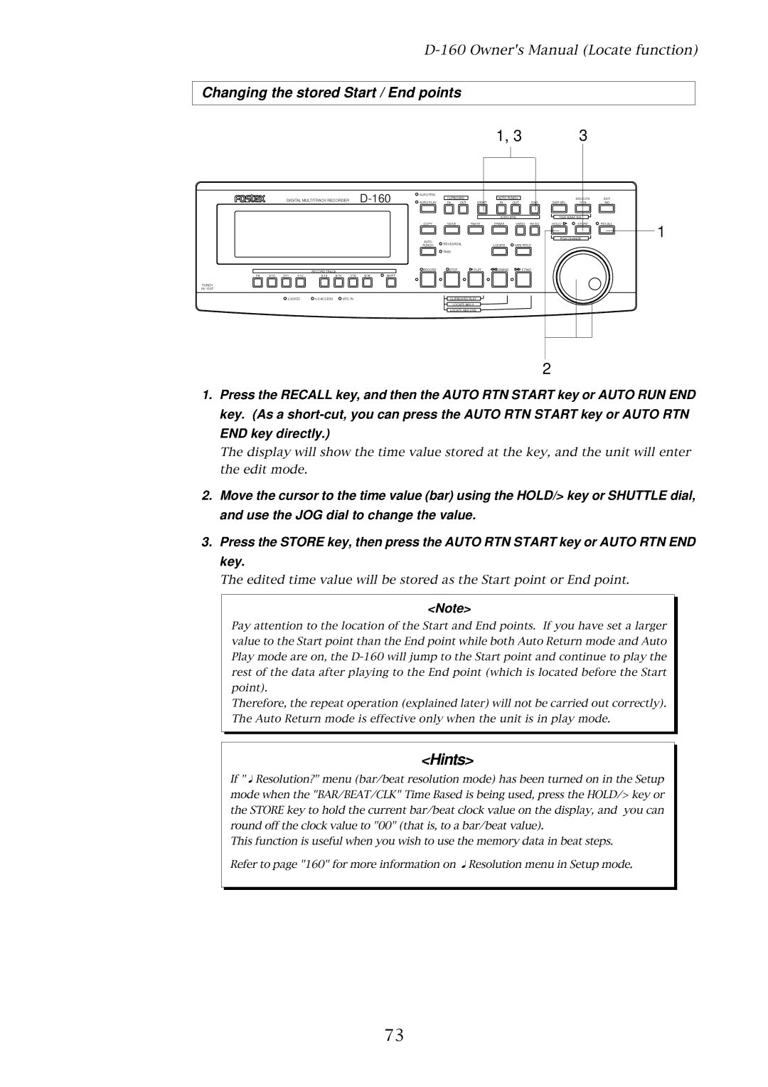 Fostex D-160 owner manual Hints, Changing the stored Start / End points 