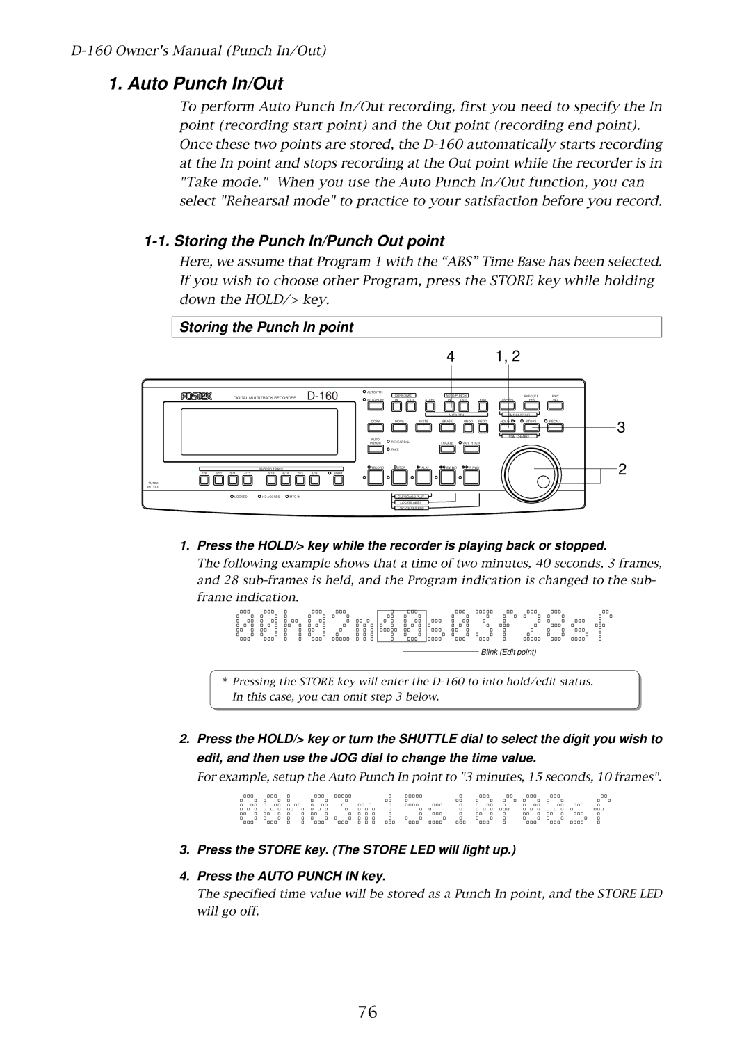 Fostex D-160 owner manual Auto Punch In/Out, Storing the Punch In/Punch Out point, Storing the Punch In point 