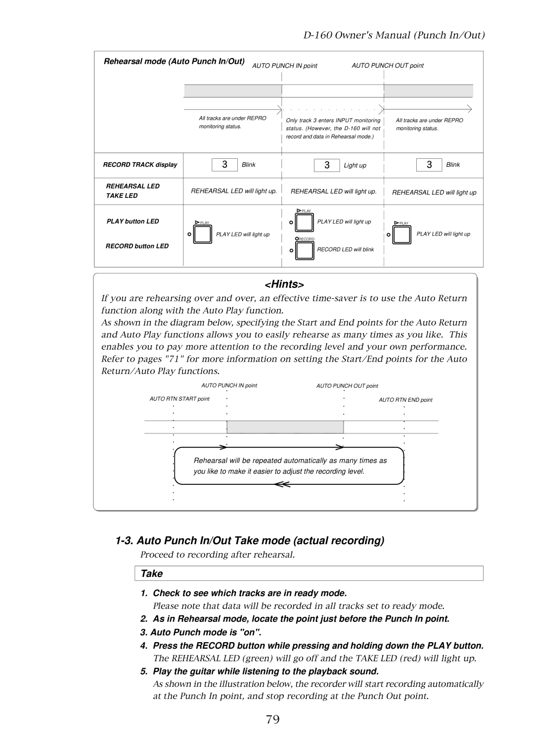 Fostex D-160 owner manual Auto Punch In/Out Take mode actual recording, Check to see which tracks are in ready mode 