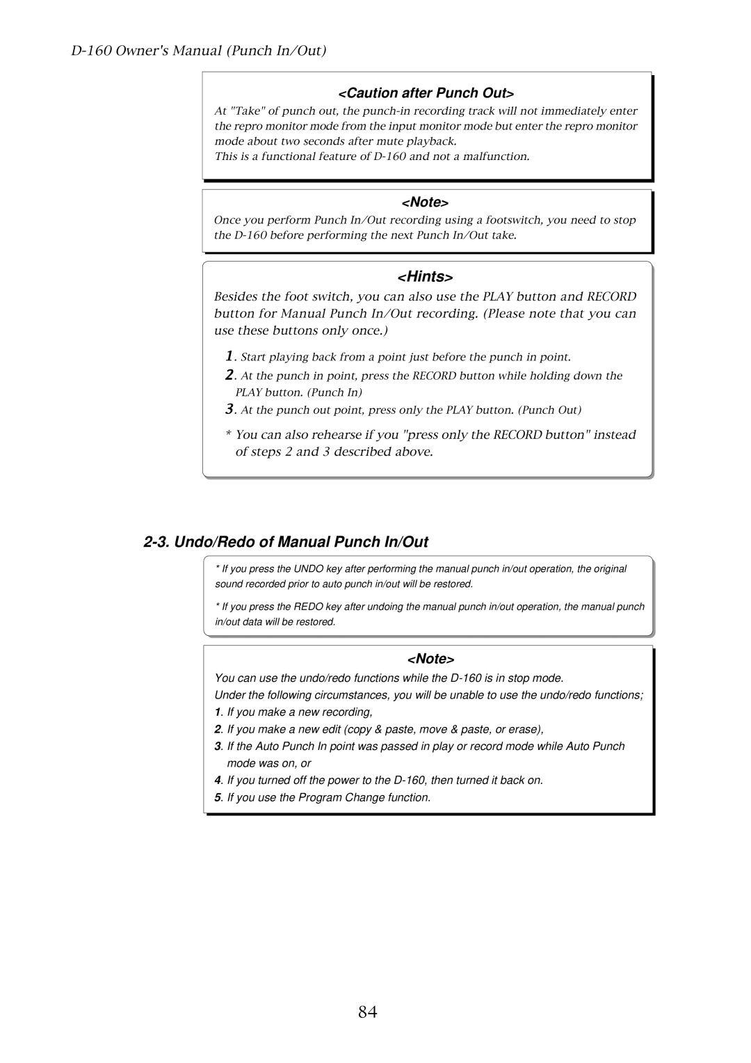 Fostex D-160 owner manual Undo/Redo of Manual Punch In/Out 