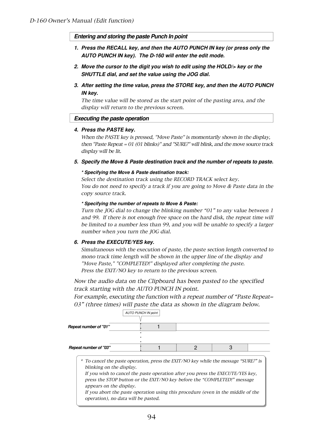 Fostex D-160 owner manual Specifying the Move & Paste destination track, Specifying the number of repeats to Move & Paste 