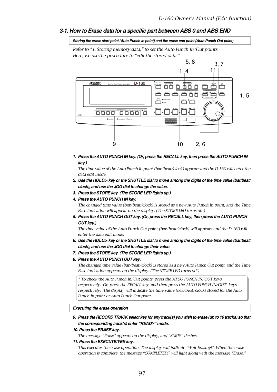 Fostex D-160 owner manual Message Erase appears on the display, and SURE? flashes 