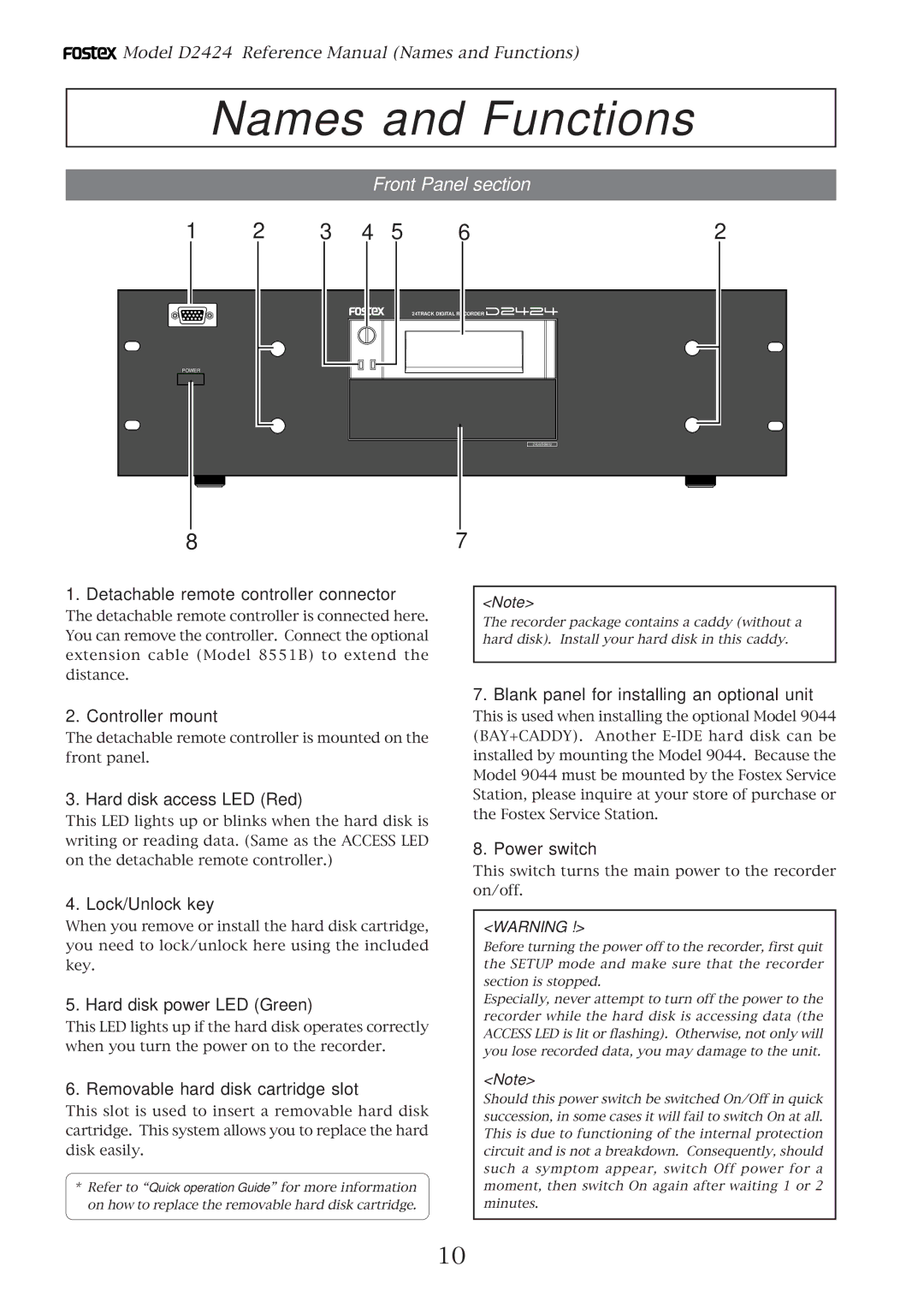 Fostex D2424 manual Detachable remote controller connector, Controller mount, Hard disk access LED Red, Lock/Unlock key 