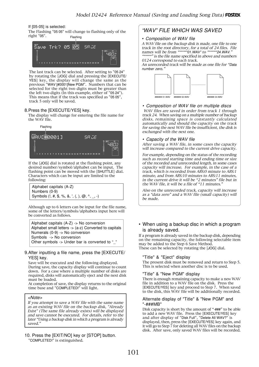 Fostex D2424 101, After inputting a file name, press the EXECUTE/ YES key, Title & Eject display, Title & New PGM display 