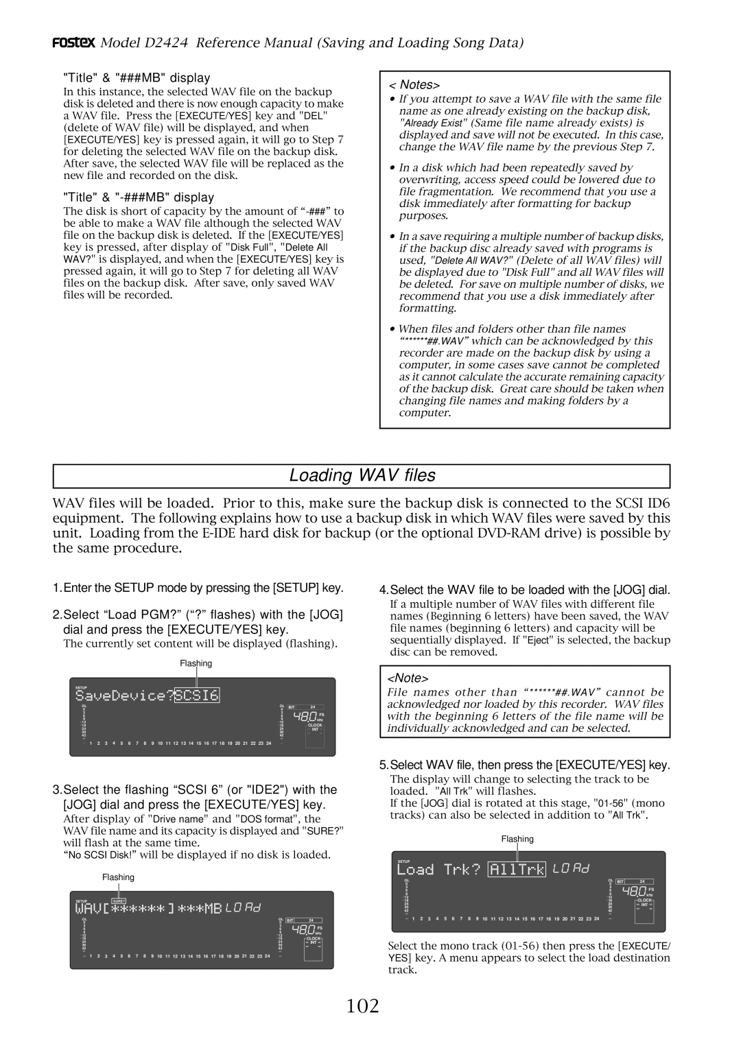 Fostex D2424 manual 102, Title & ###MB display, Title & -###MB display, Select the WAV file to be loaded with the JOG dial 