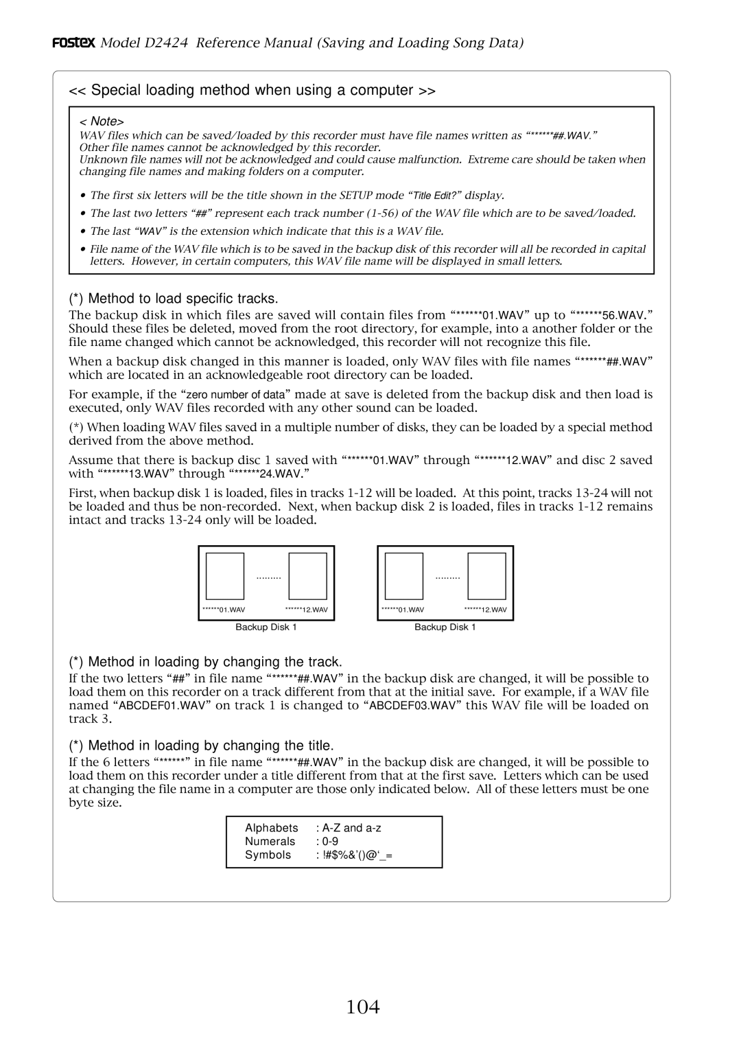 Fostex D2424 manual 104, Method to load specific tracks, Method in loading by changing the track 