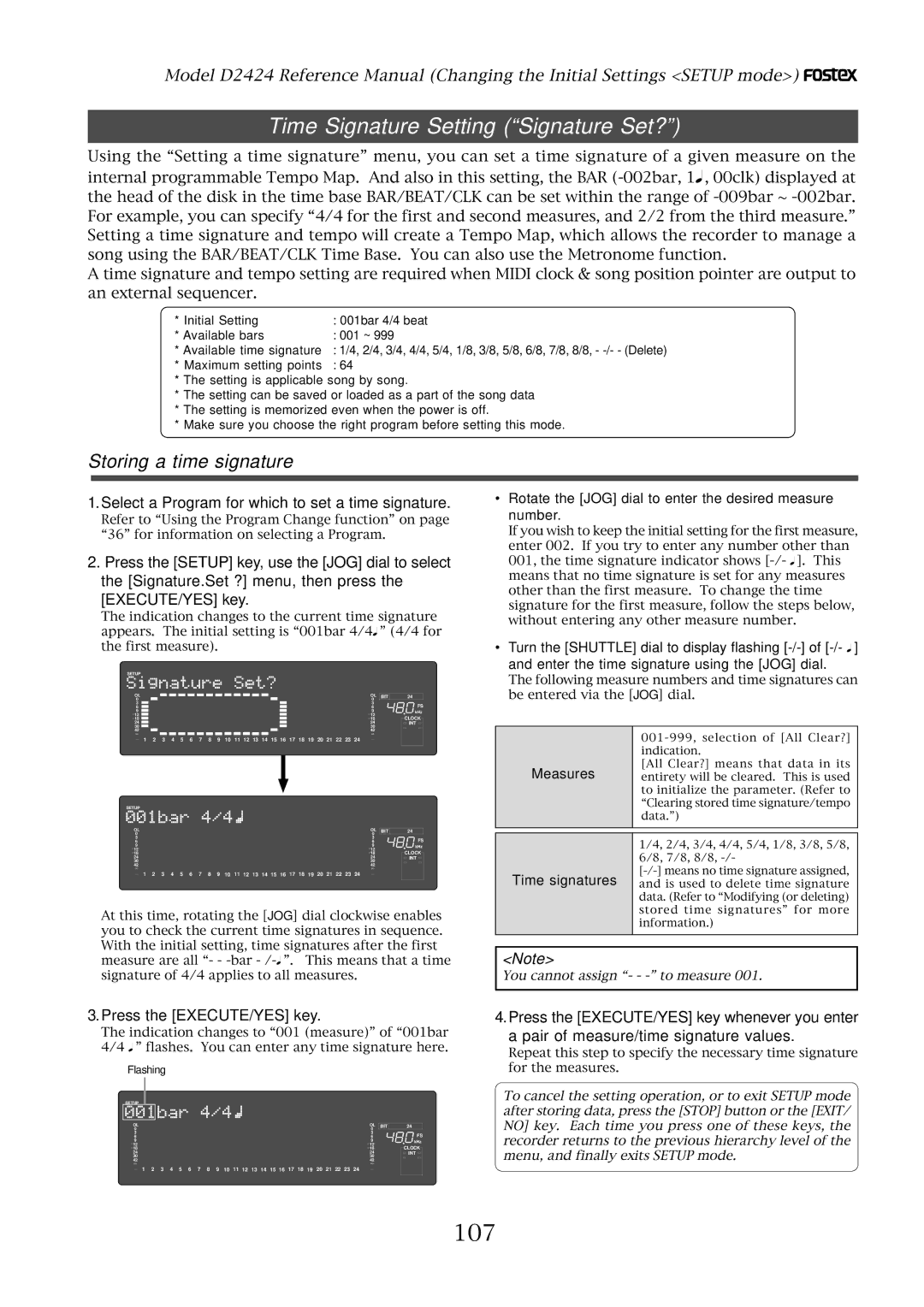 Fostex D2424 manual Time Signature Setting Signature Set?, 107, Storing a time signature 