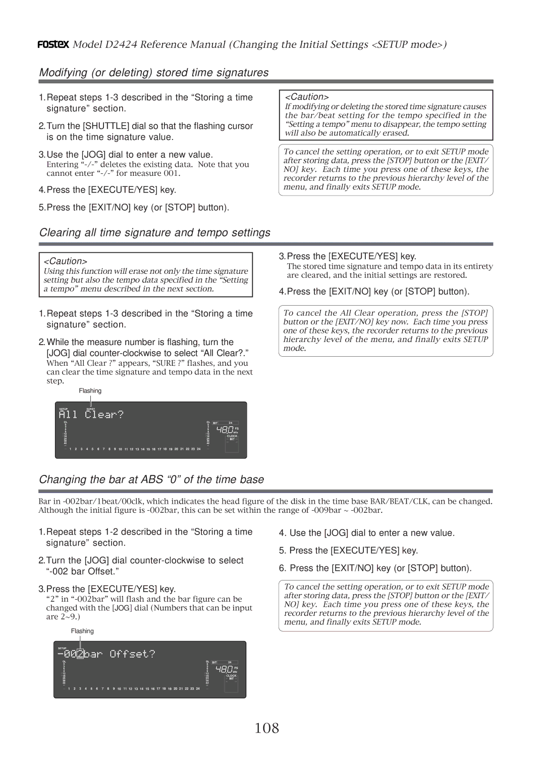 Fostex D2424 manual 108, Modifying or deleting stored time signatures, Clearing all time signature and tempo settings 