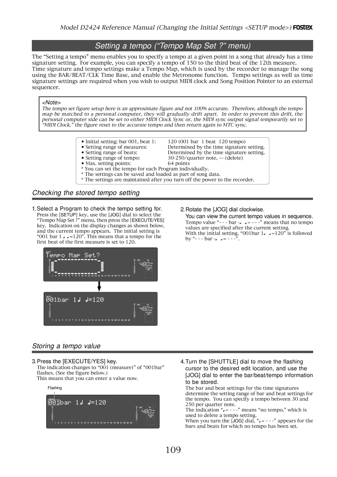 Fostex D2424 manual Setting a tempo Tempo Map Set ? menu, 109, Checking the stored tempo setting, Storing a tempo value 