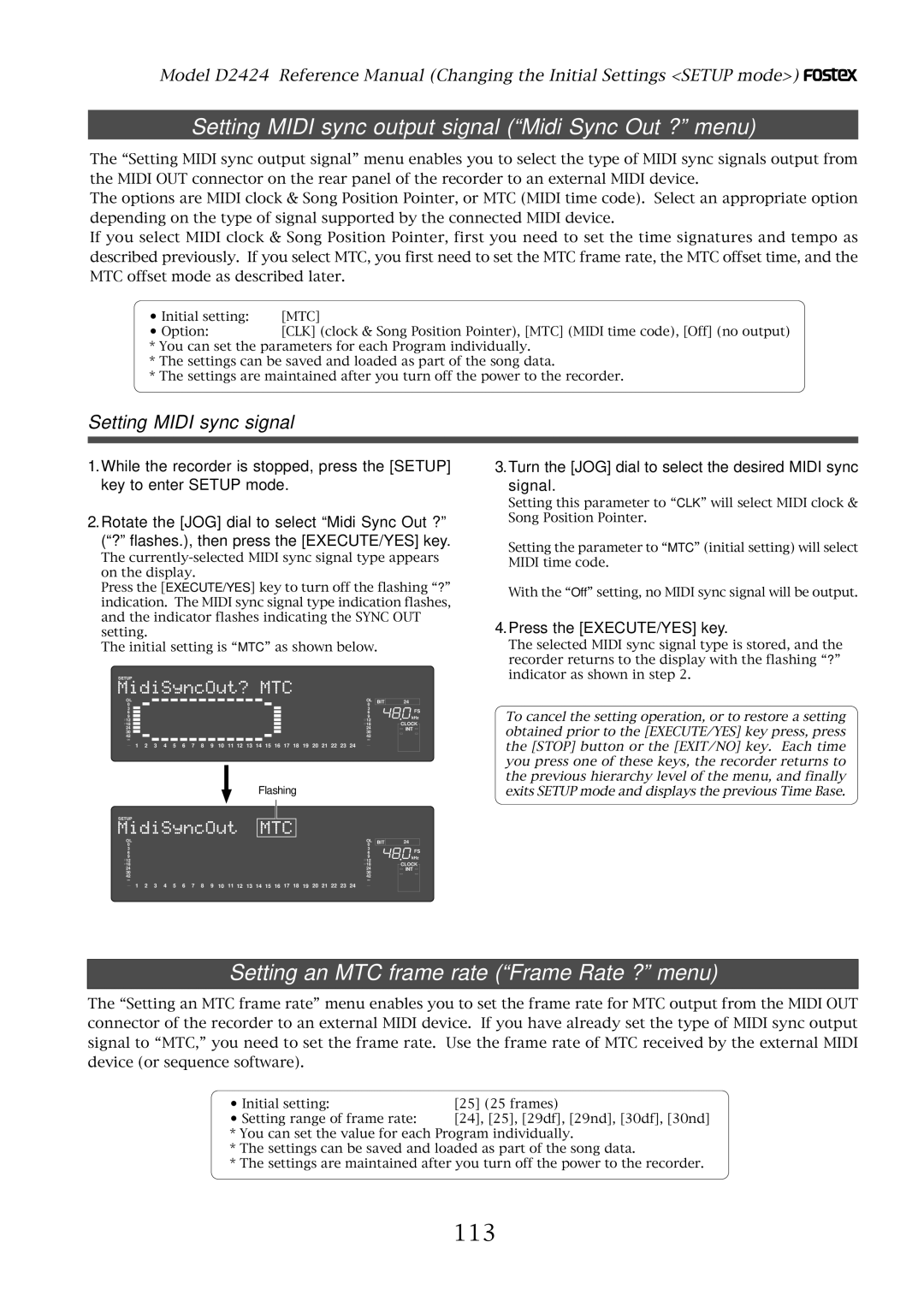 Fostex D2424 manual Setting Midi sync output signal Midi Sync Out ? menu, Setting an MTC frame rate Frame Rate ? menu, 113 